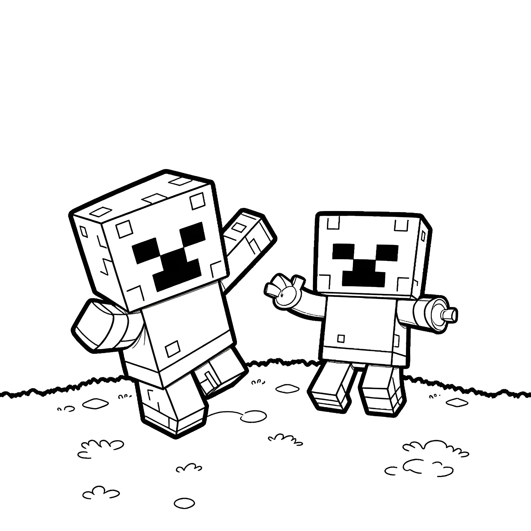 Creeper characters exploring the outdoors Coloring Page (free black-and-white line drawing printable PDF for all, from beginners to advanced learners, including children, teens, adults, and seniors)