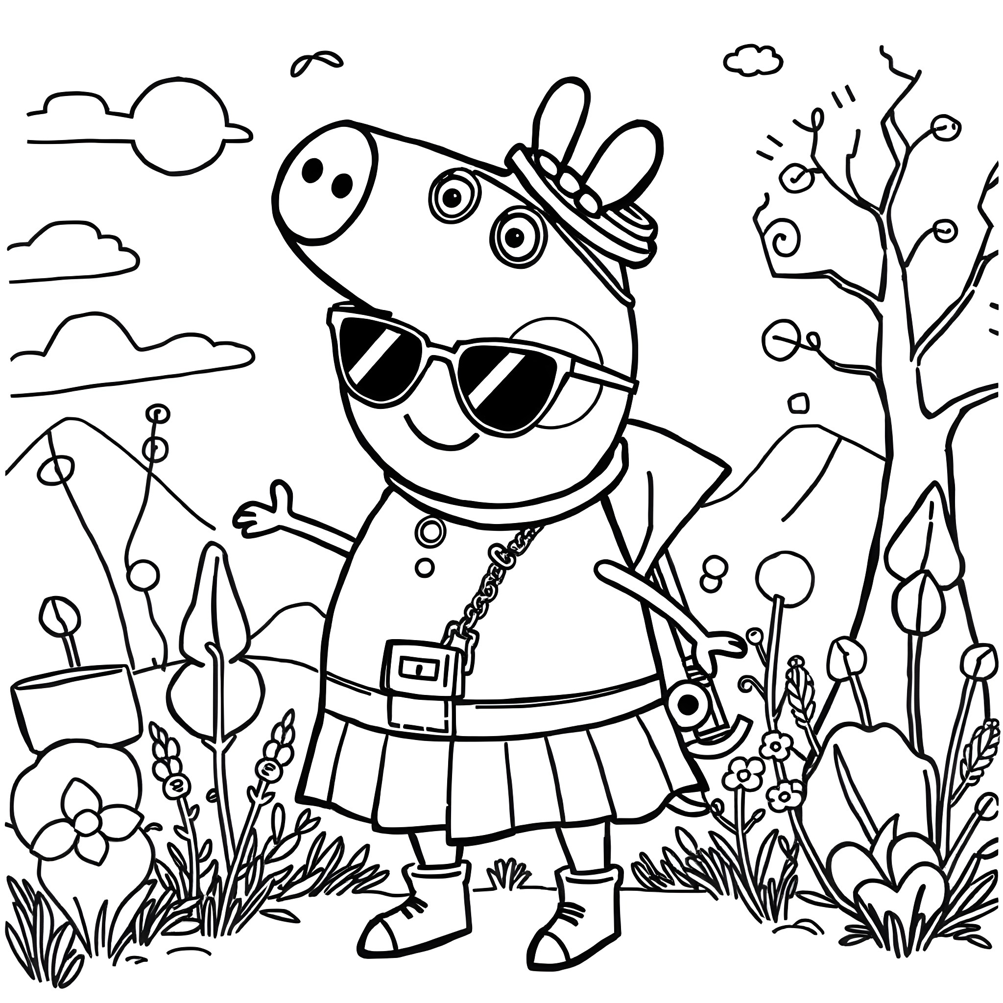 Peppa Pig enjoying a sunny day in the countryside Coloring Page (free black-and-white line drawing printable PDF for all, from beginners to advanced learners, including children, teens, adults, and seniors)