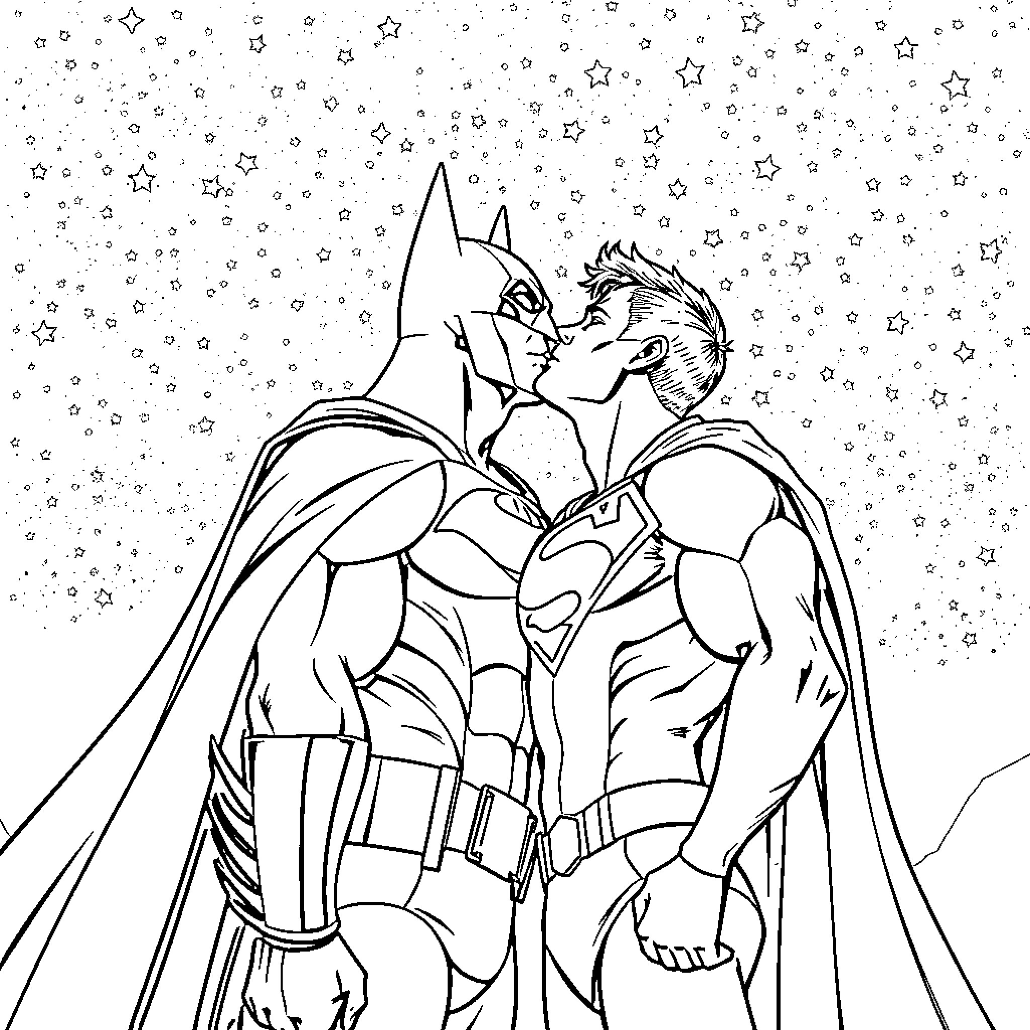 Batman fighting against a villain in a starry night Coloring Page (free black-and-white line drawing printable PDF for all, from beginners to advanced learners, including children, teens, adults, and seniors)