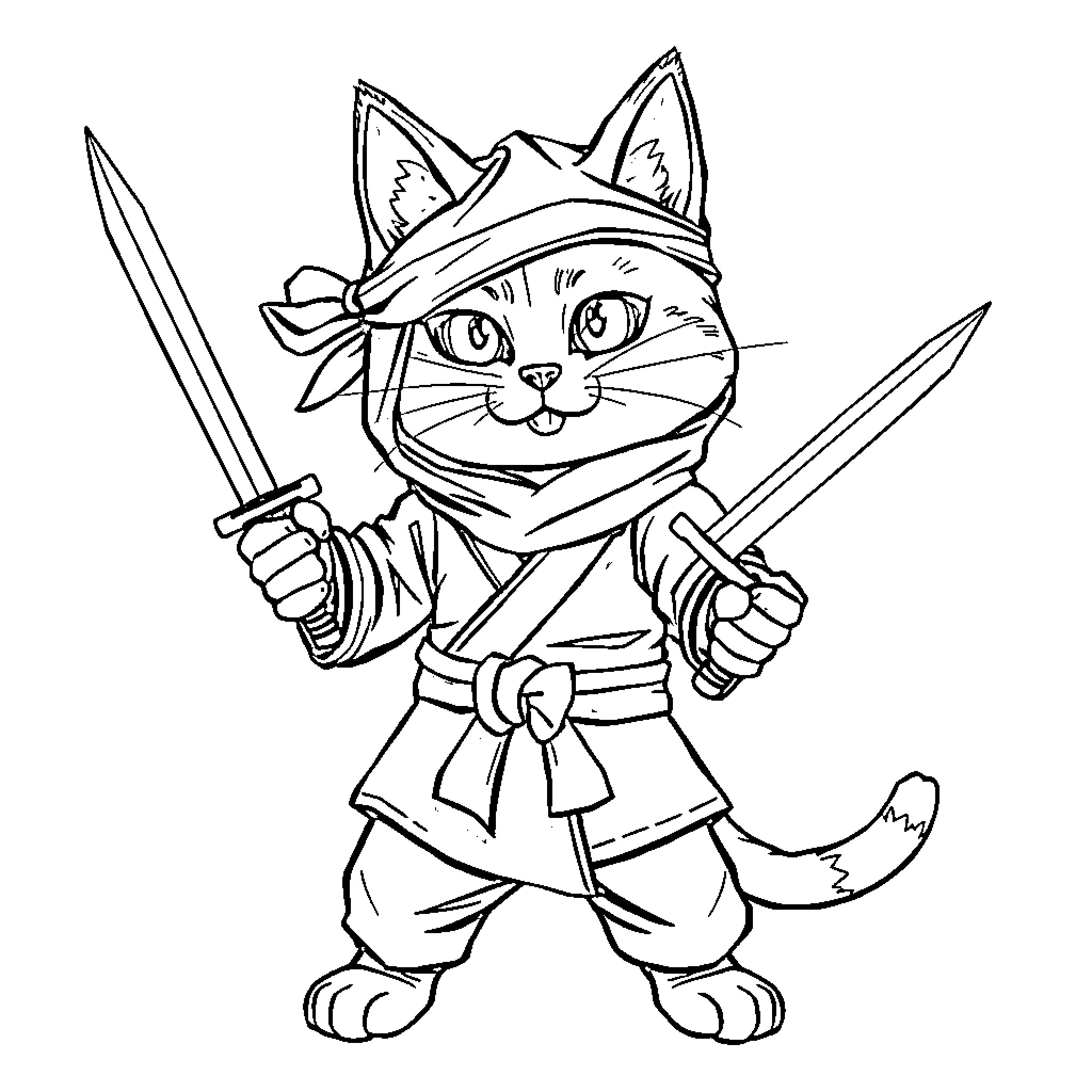 Cat in Ninja Warrior Costume Wielding Swords Coloring Page (free black-and-white line drawing printable PDF for all, from beginners to advanced learners, including children, teens, adults, and seniors)