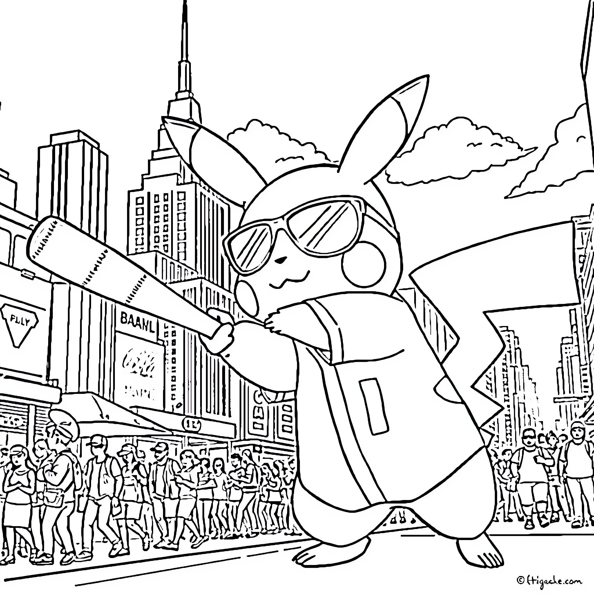 Pikachu exploring the bustling city streets Coloring Page (free black-and-white line drawing printable PDF for all, from beginners to advanced learners, including children, teens, adults, and seniors)