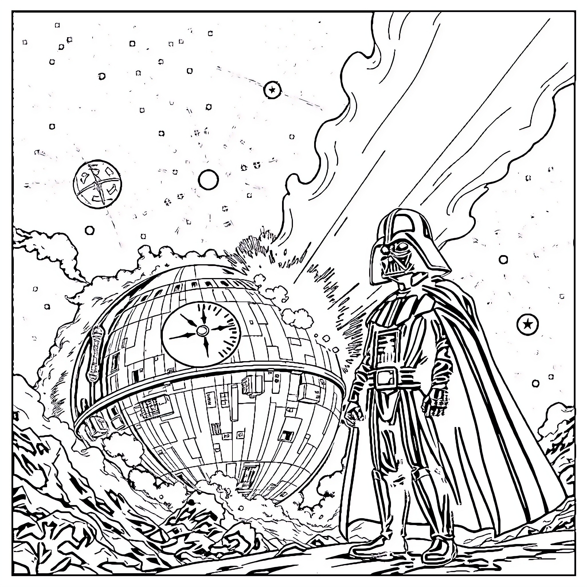 Death Star Confrontation in Outer Space Coloring Page (free black-and-white line drawing printable PDF for all, from beginners to advanced learners, including children, teens, adults, and seniors)