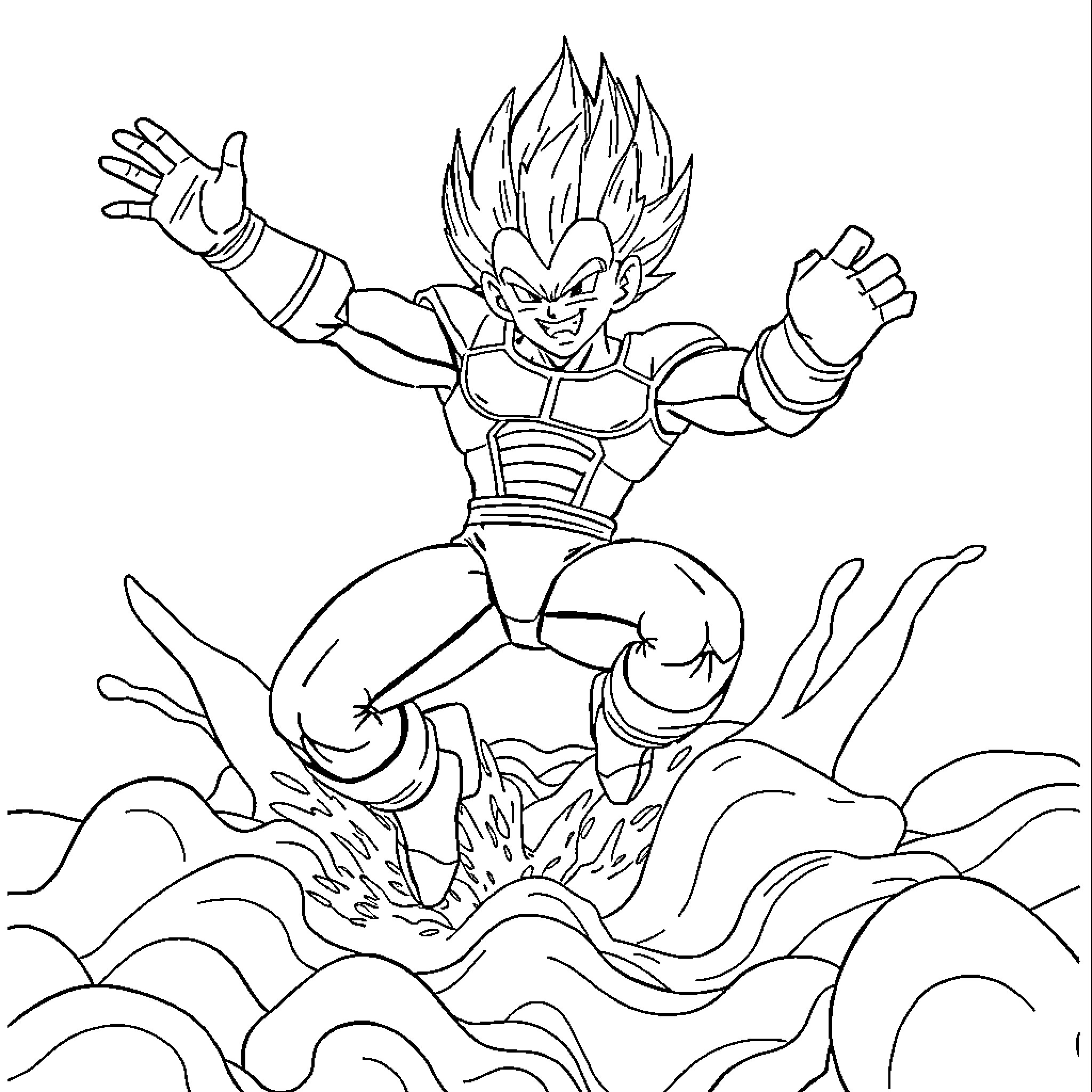 Vegeta's Fiery Transformation Coloring Page (free black-and-white line drawing printable PDF for all, from beginners to advanced learners, including children, teens, adults, and seniors)