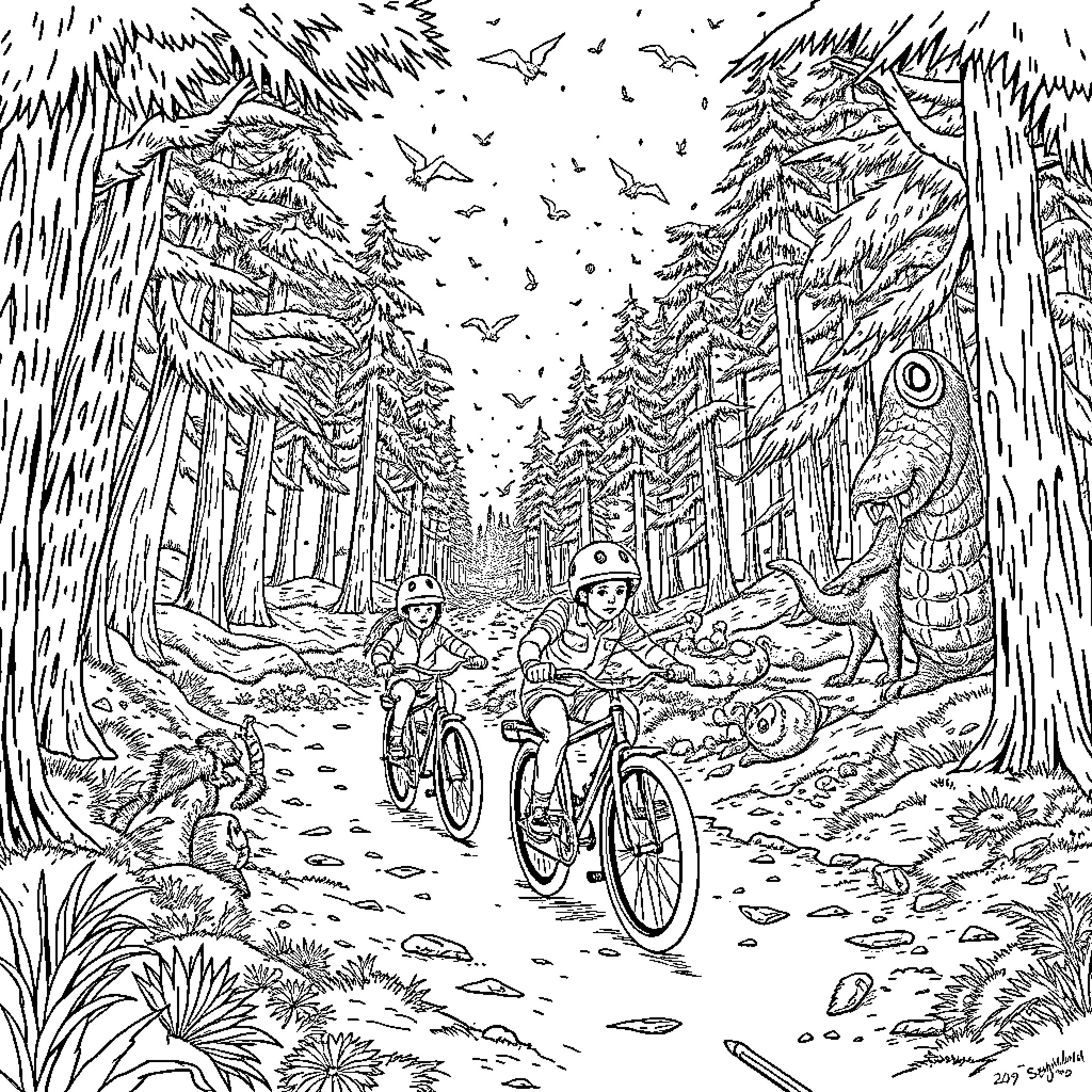 Stranger Things: Bicycle Adventure through Mystic Forest Coloring Page (free black-and-white line drawing printable PDF for all, from beginners to advanced learners, including children, teens, adults, and seniors)