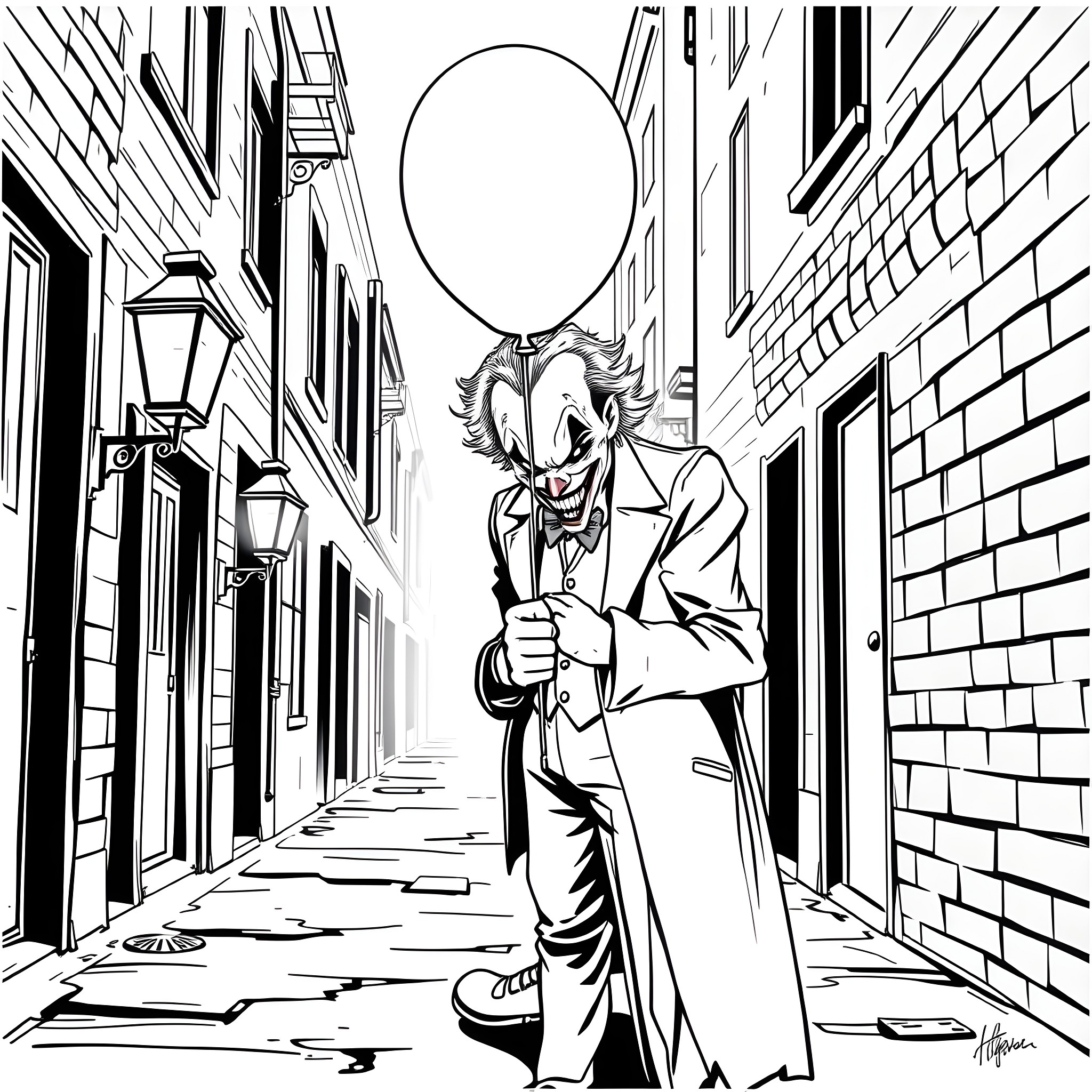 Joker prowling the dark alleyway with a menacing grin Coloring Page (free black-and-white line drawing printable PDF for all, from beginners to advanced learners, including children, teens, adults, and seniors)