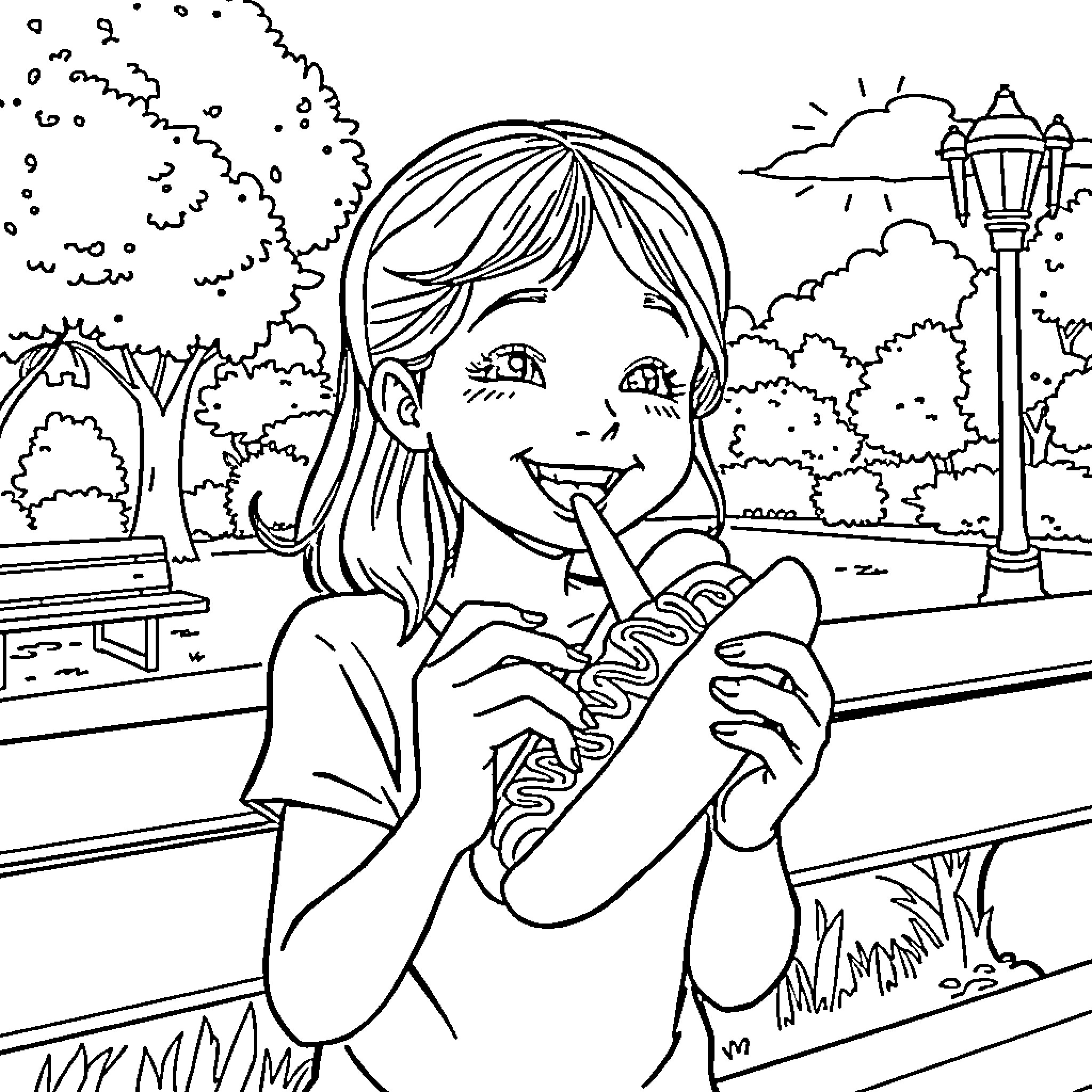 Girl enjoying a popsicle in the park Coloring Page (free black-and-white line drawing printable PDF for all, from beginners to advanced learners, including children, teens, adults, and seniors)