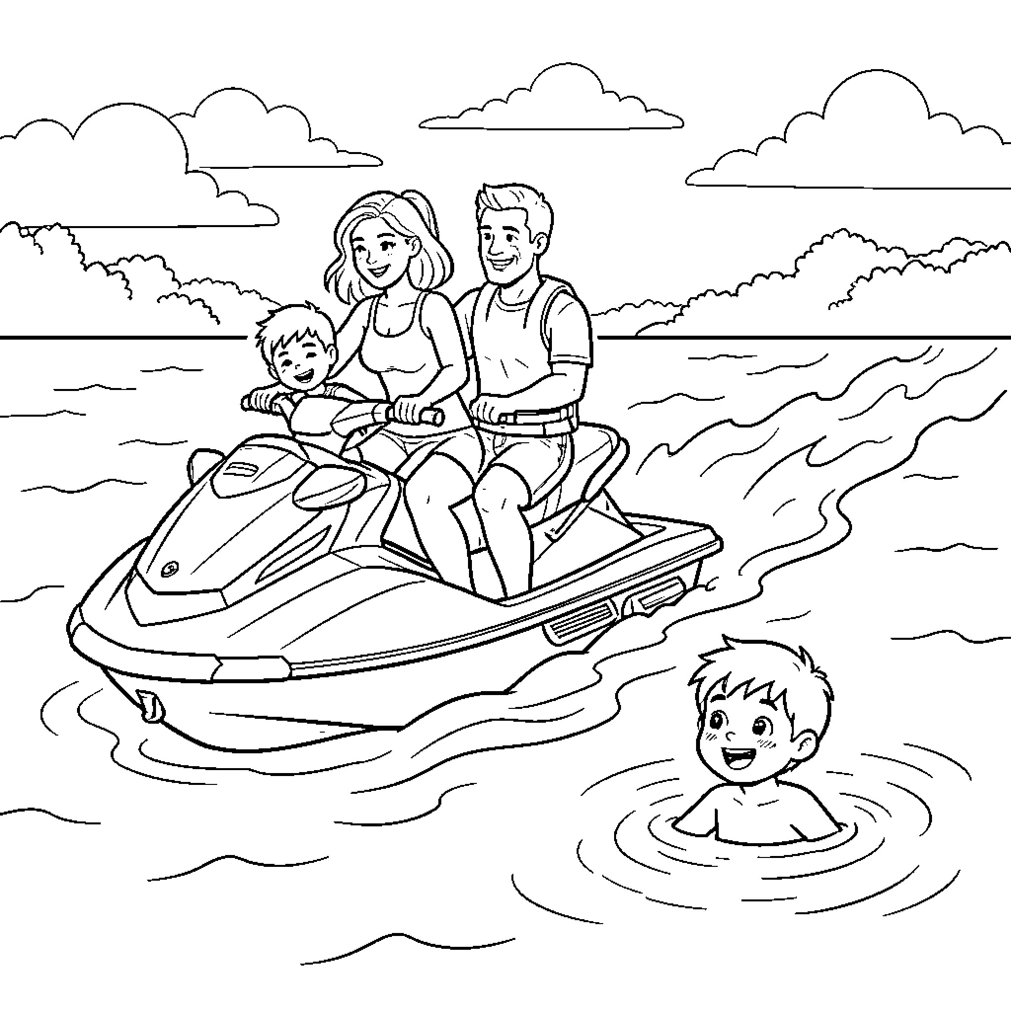 Sea-Doo ride with a happy family on the water Coloring Page (free black-and-white line drawing printable PDF for all, from beginners to advanced learners, including children, teens, adults, and seniors)