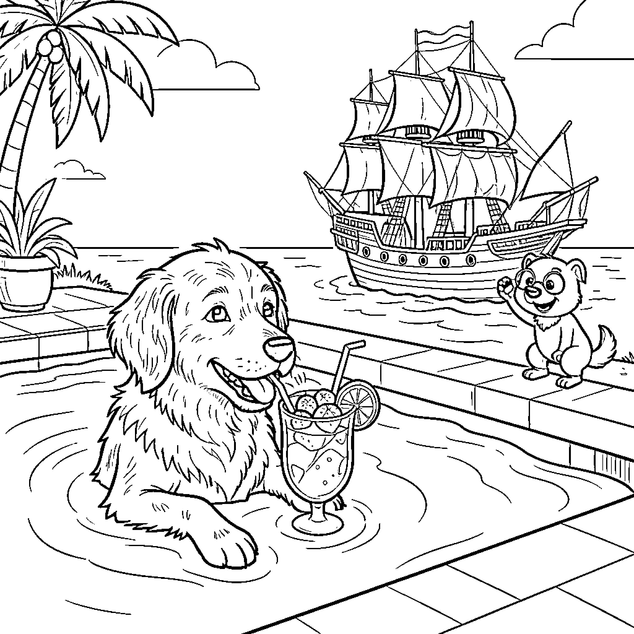 Dog enjoying a refreshing tropical drink in a pool Coloring Page (free black-and-white line drawing printable PDF for all, from beginners to advanced learners, including children, teens, adults, and seniors)