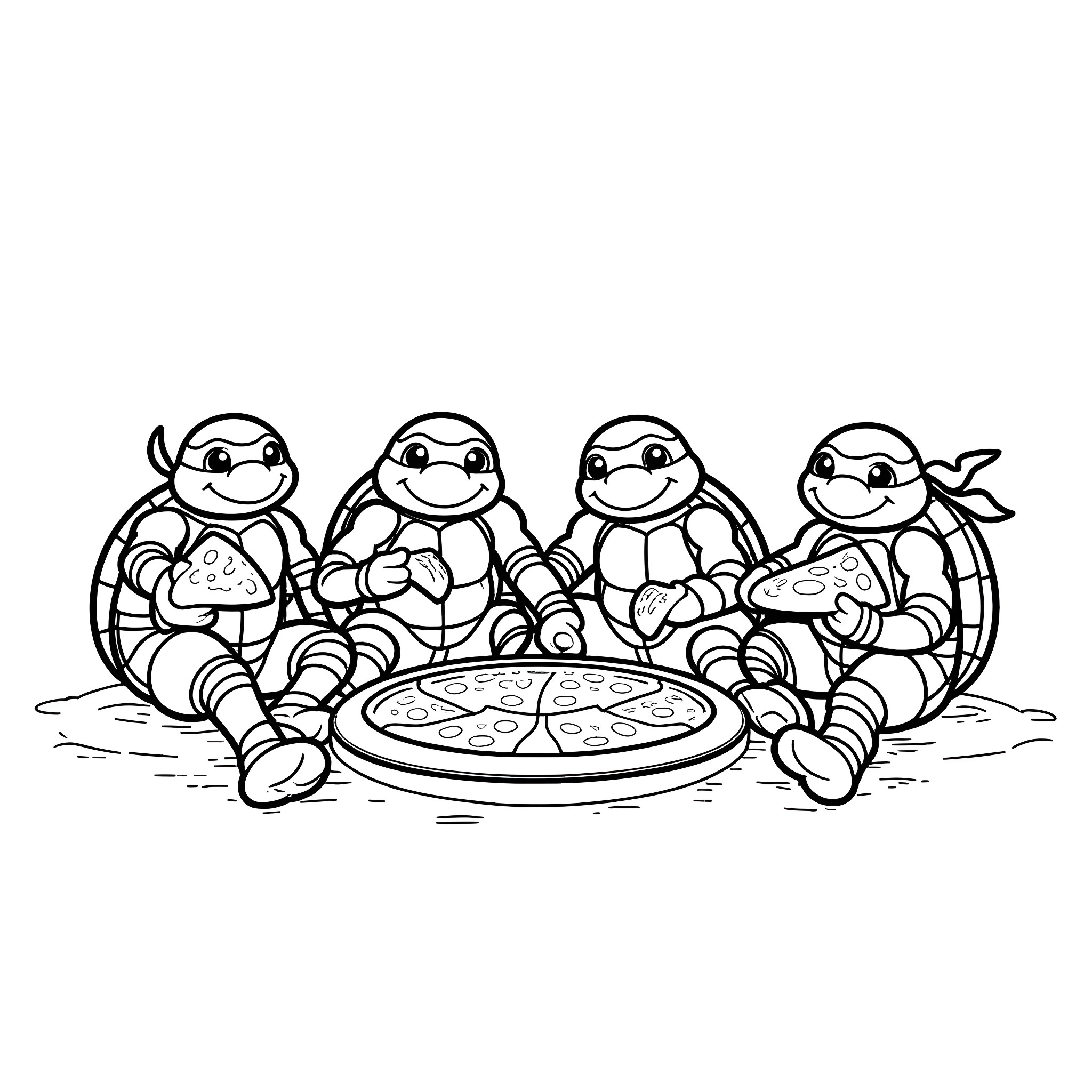 Ninja Turtles enjoying a pizza party Coloring Page (free black-and-white line drawing printable PDF for all, from beginners to advanced learners, including children, teens, adults, and seniors)