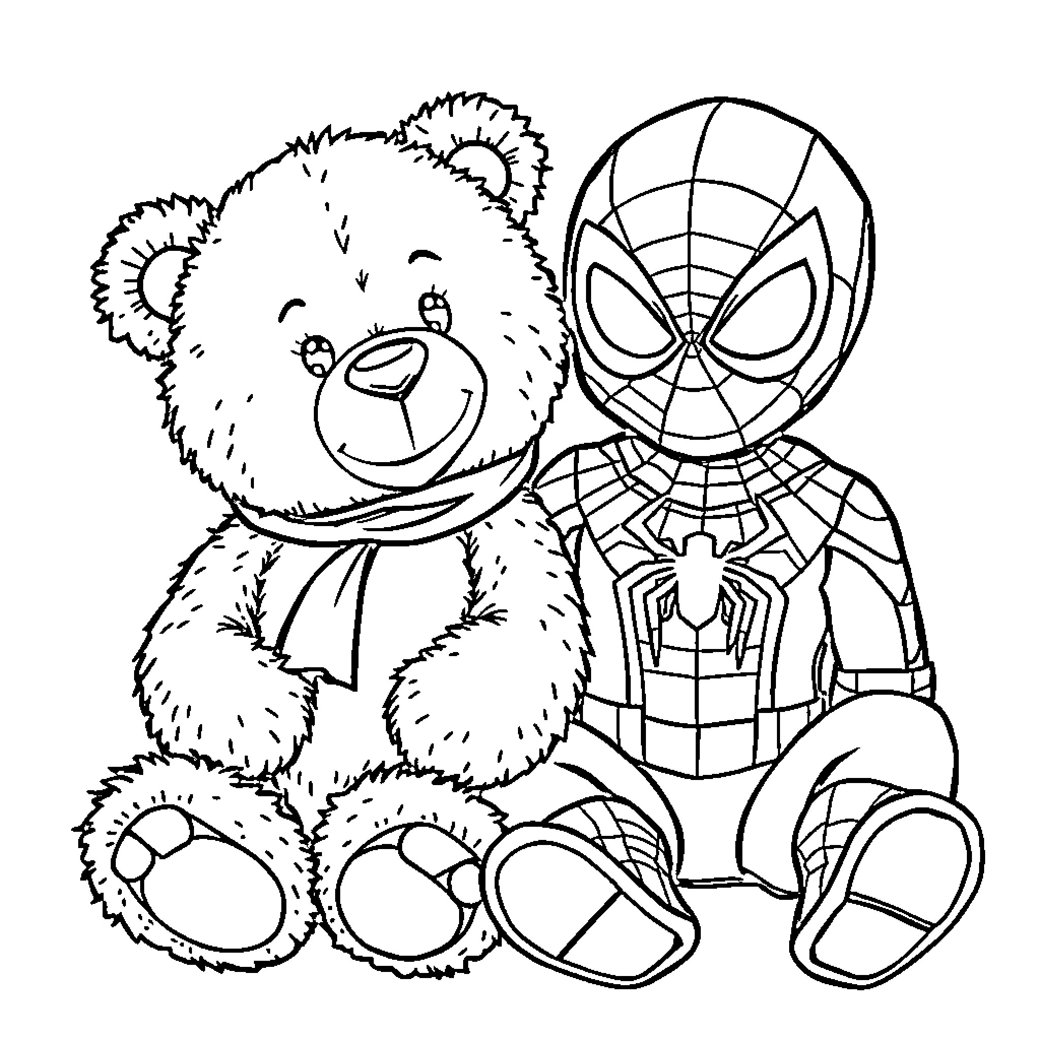Teddy Bear with Superhero Costume Coloring Page (free black-and-white line drawing printable PDF for all, from beginners to advanced learners, including children, teens, adults, and seniors)