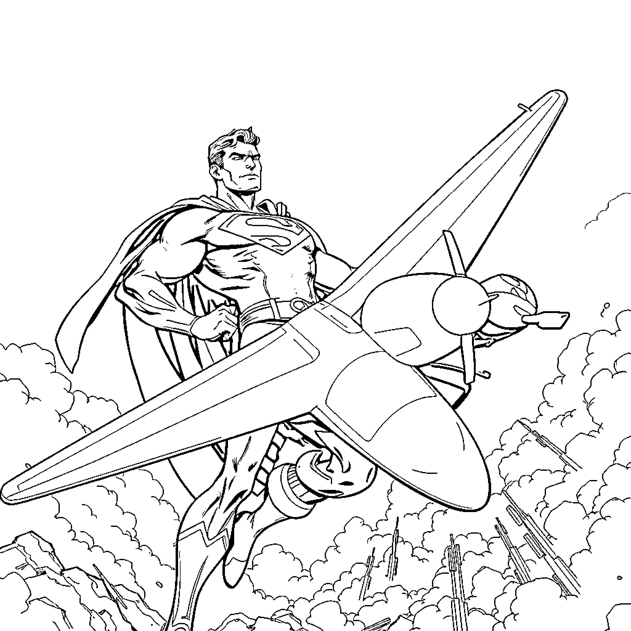 Superman soaring through the skies in heroic action Coloring Page (free black-and-white line drawing printable PDF for all, from beginners to advanced learners, including children, teens, adults, and seniors)