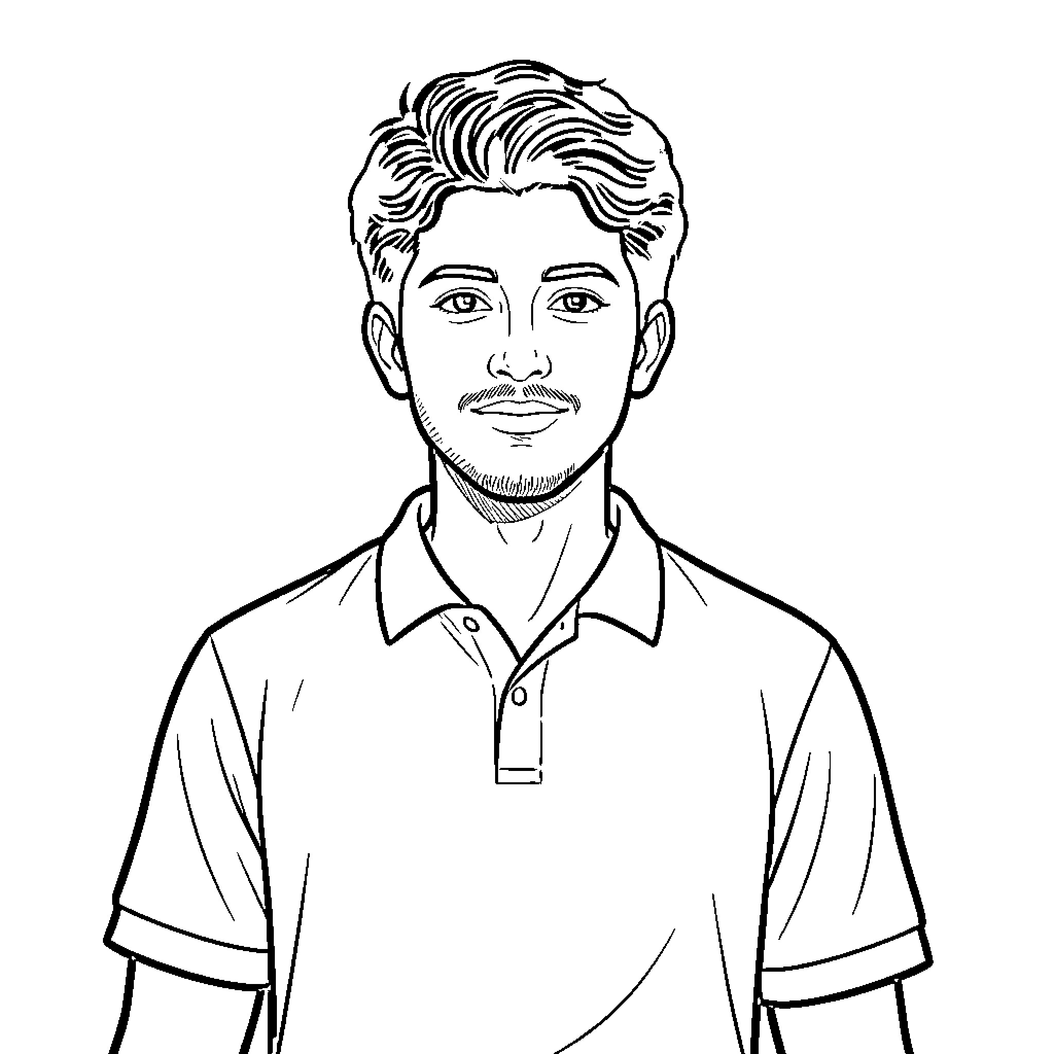 Young Person wearing a polo shirt and smiling Coloring Page (free black-and-white line drawing printable PDF for all, from beginners to advanced learners, including children, teens, adults, and seniors)