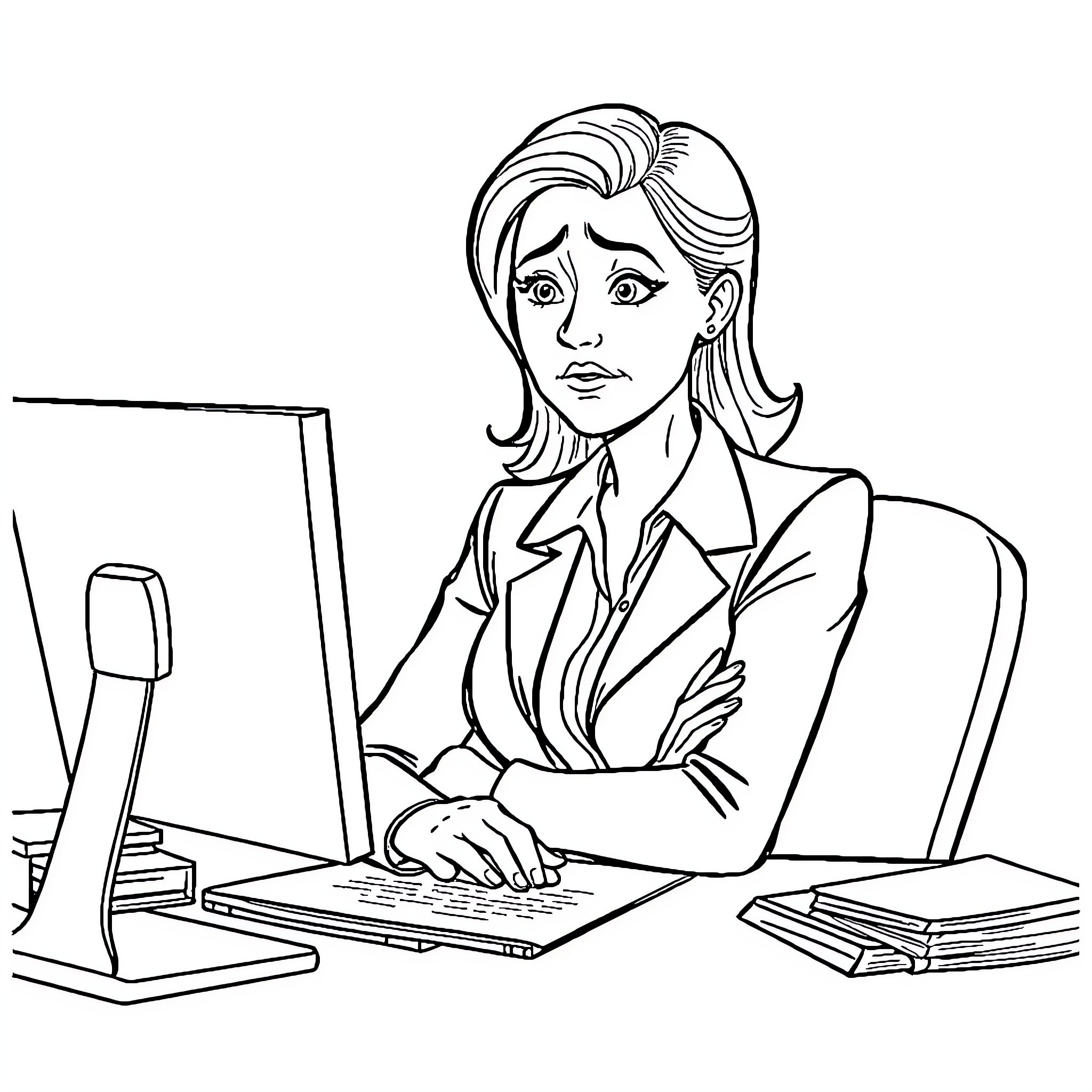 Boss working diligently at computer desk Coloring Page (free black-and-white line drawing printable PDF for all, from beginners to advanced learners, including children, teens, adults, and seniors)