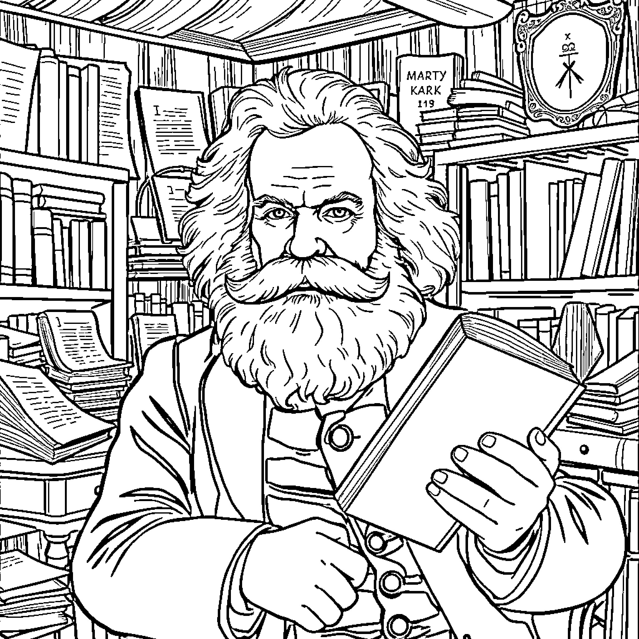 Karl Marx reading intently in his study Coloring Page (free black-and-white line drawing printable PDF for all, from beginners to advanced learners, including children, teens, adults, and seniors)