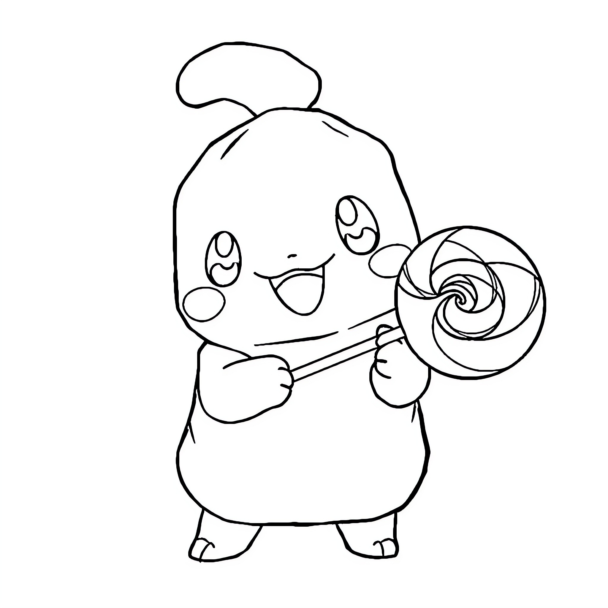 Trubbish holding a swirly lollipop with a happy expression Coloring Page (free black-and-white line drawing printable PDF for all, from beginners to advanced learners, including children, teens, adults, and seniors)
