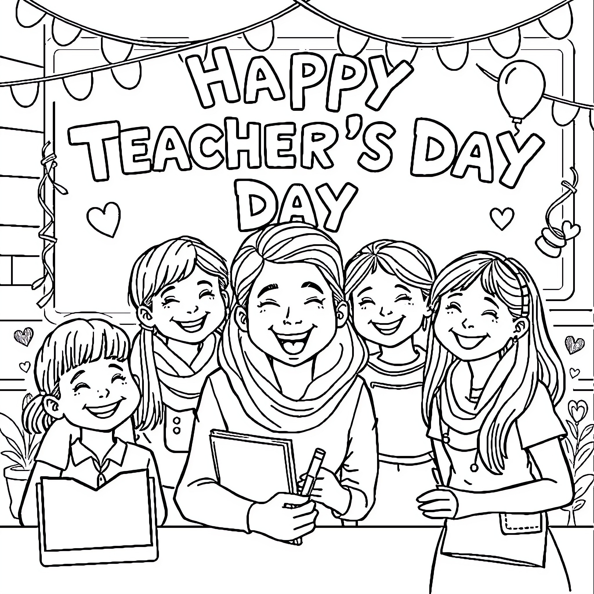 Teacher and students celebrating Happy Teacher's Day Coloring Page (free black-and-white line drawing printable PDF for all, from beginners to advanced learners, including children, teens, adults, and seniors)
