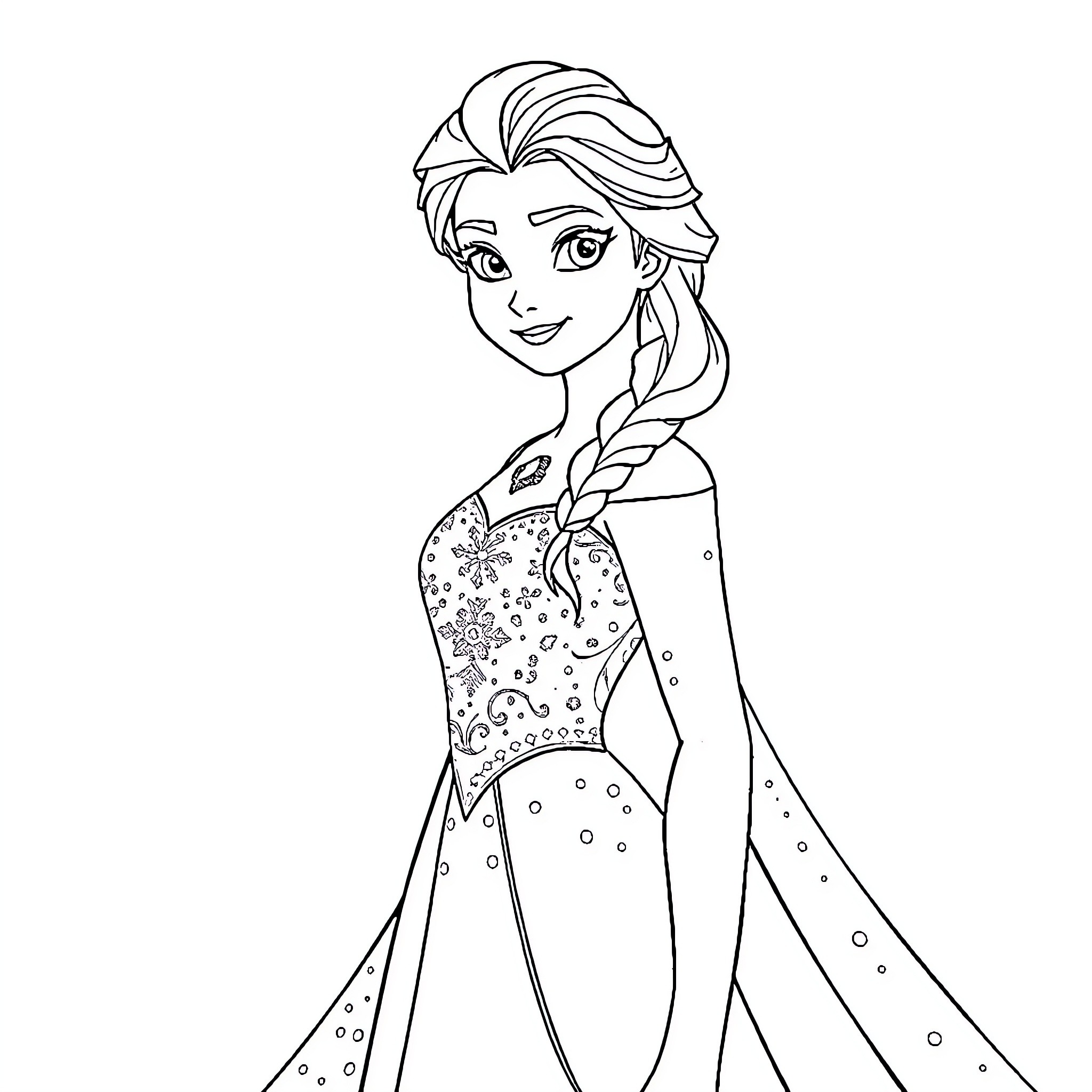 Elsa's Enchanting Frozen Adventure Coloring Page (free black-and-white line drawing printable PDF for all, from beginners to advanced learners, including children, teens, adults, and seniors)