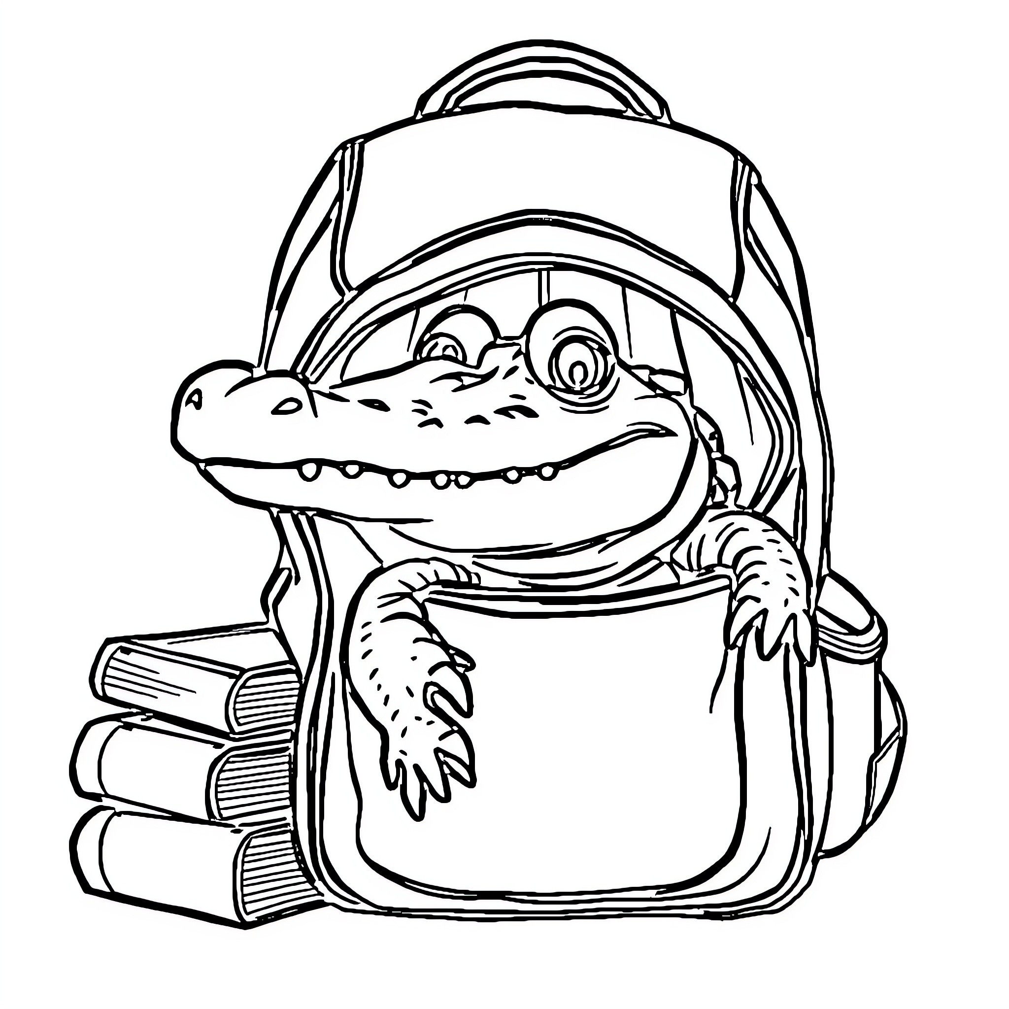 Alligator backpack with school supplies Coloring Page (free black-and-white line drawing printable PDF for all, from beginners to advanced learners, including children, teens, adults, and seniors)