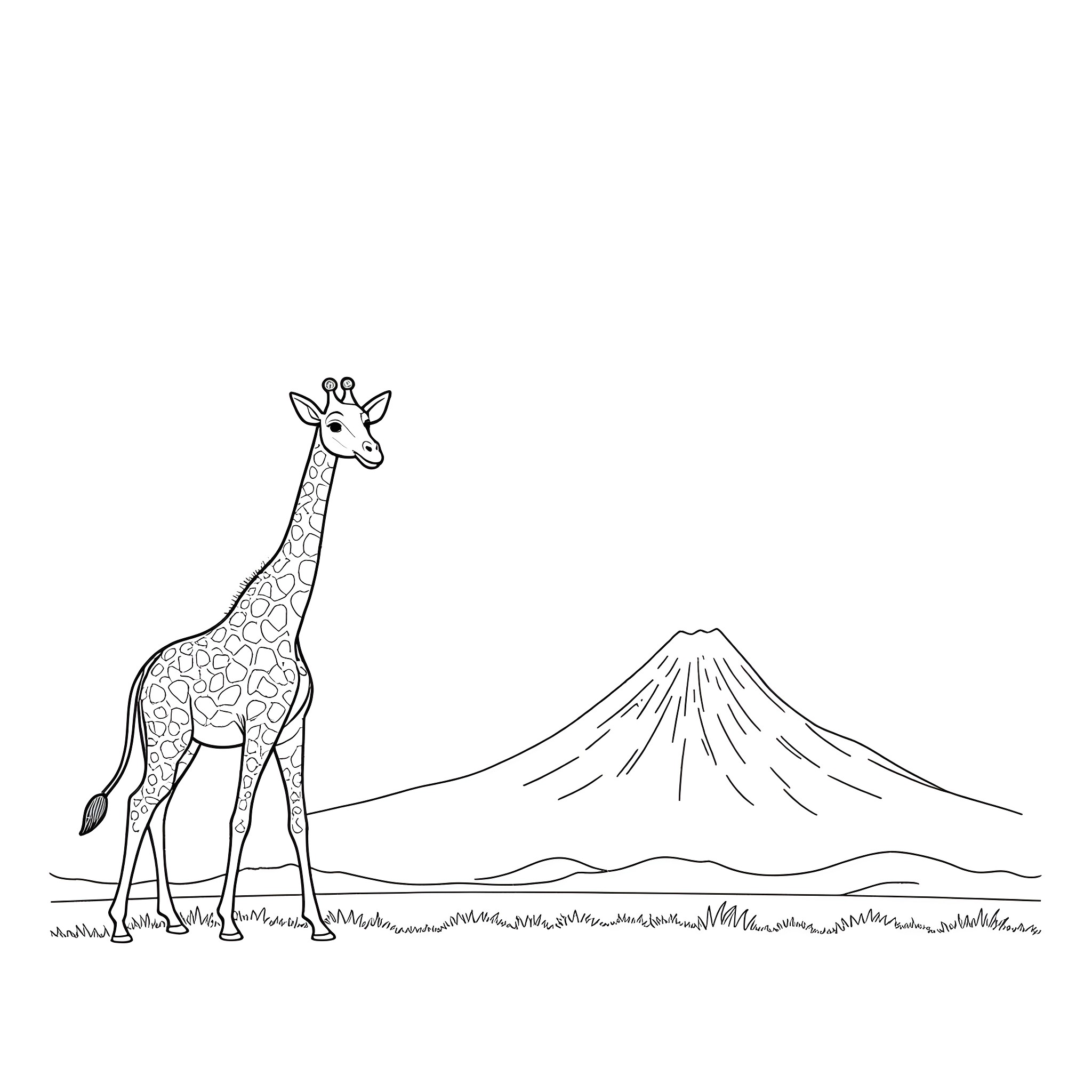 Giraffe standing in front of a mountain landscape Coloring Page (free black-and-white line drawing printable PDF for all, from beginners to advanced learners, including children, teens, adults, and seniors)