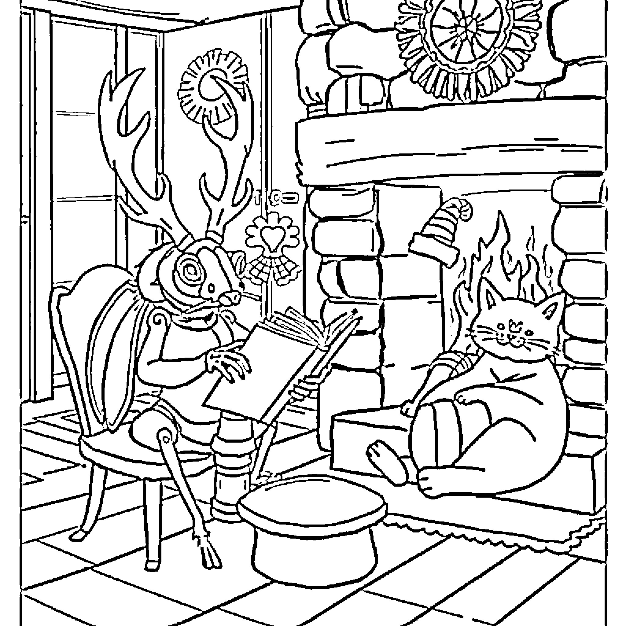 Stag Beetle Enjoying a Cozy Fireplace Coloring Page (free black-and-white line drawing printable PDF for all, from beginners to advanced learners, including children, teens, adults, and seniors)