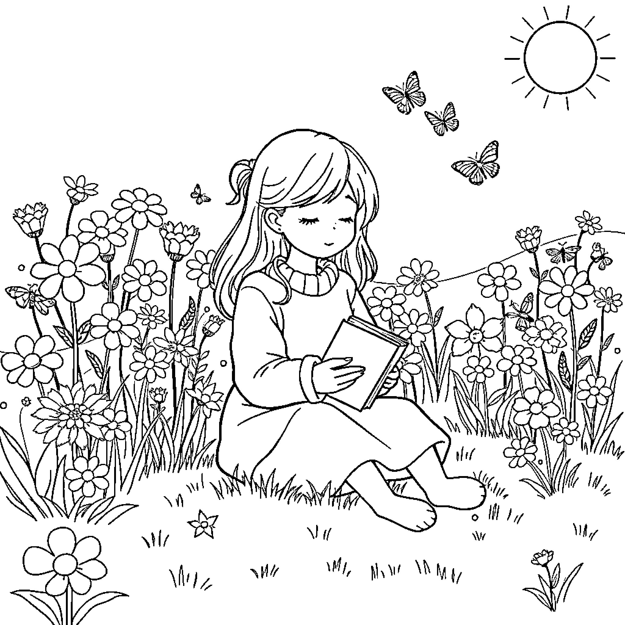 Girl Enjoying Flowers and Butterflies in a Sunny Garden Coloring Page (free black-and-white line drawing printable PDF for all, from beginners to advanced learners, including children, teens, adults, and seniors)