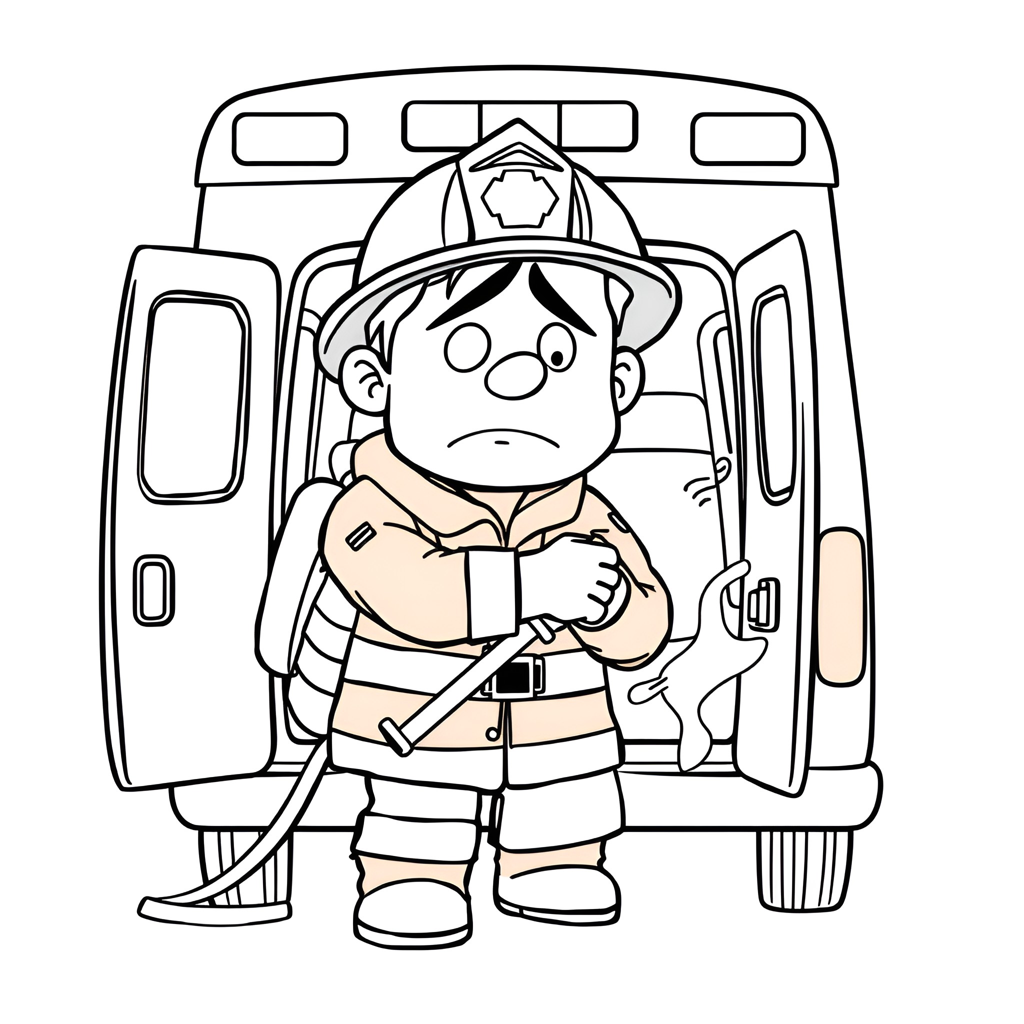 Firefighter standing by emergency vehicle Coloring Page (free black-and-white line drawing printable PDF for all, from beginners to advanced learners, including children, teens, adults, and seniors)