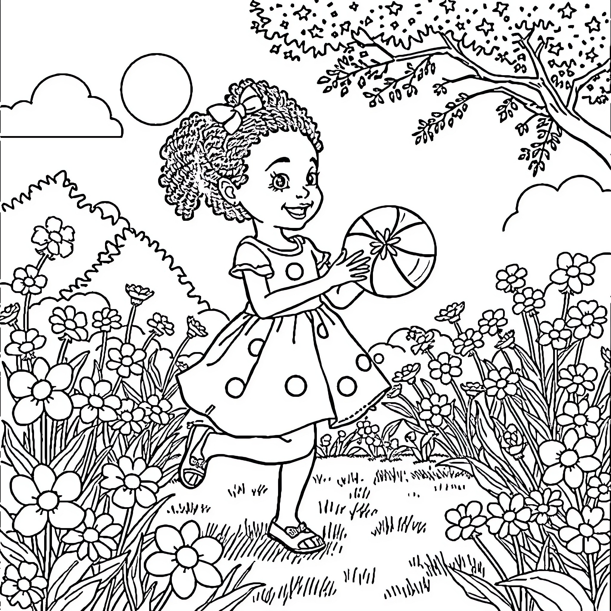 Girl enjoying a sunny day in the garden Coloring Page (free black-and-white line drawing printable PDF for all, from beginners to advanced learners, including children, teens, adults, and seniors)