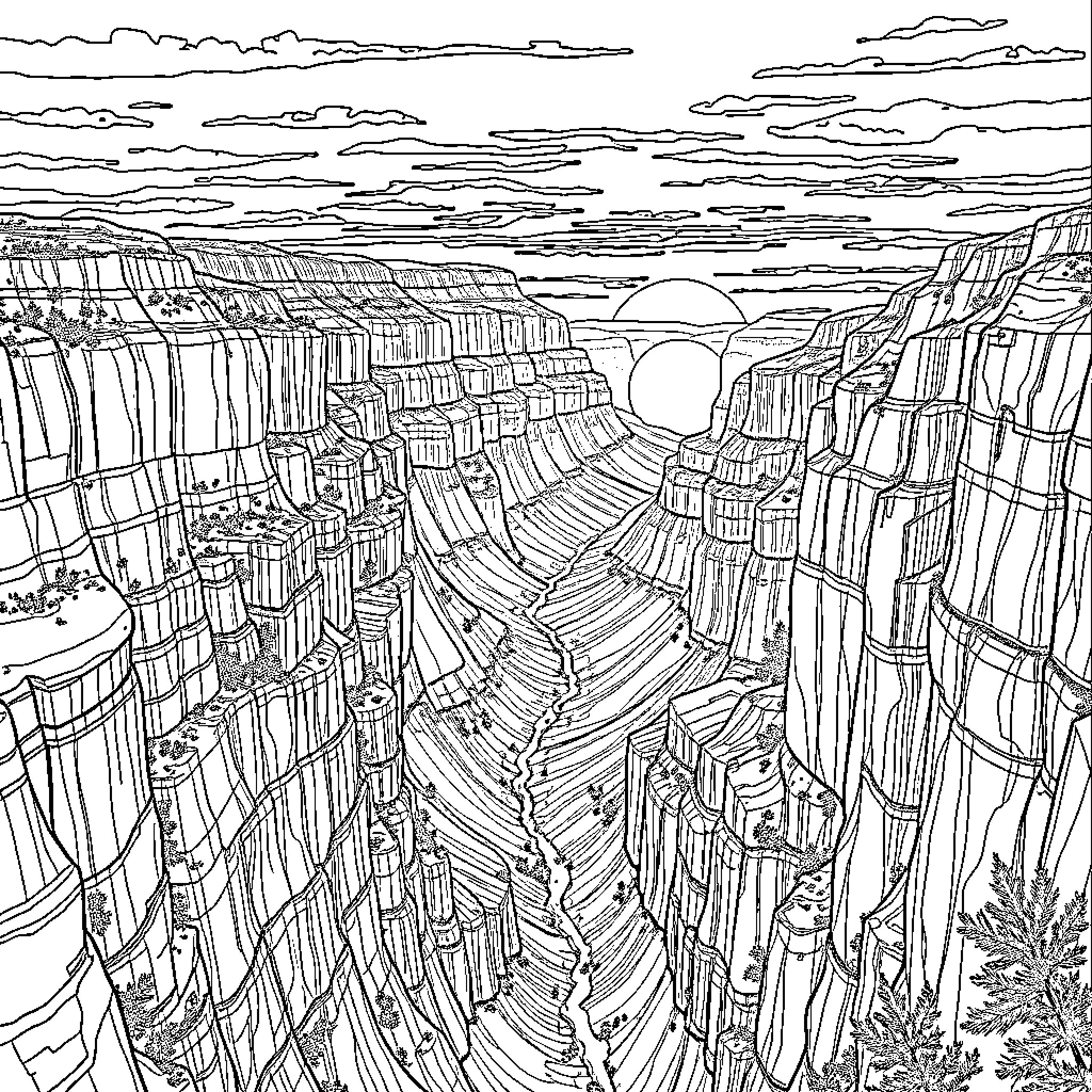 Grand Canyon Panoramic Landscape Coloring Page (free black-and-white line drawing printable PDF for all, from beginners to advanced learners, including children, teens, adults, and seniors)