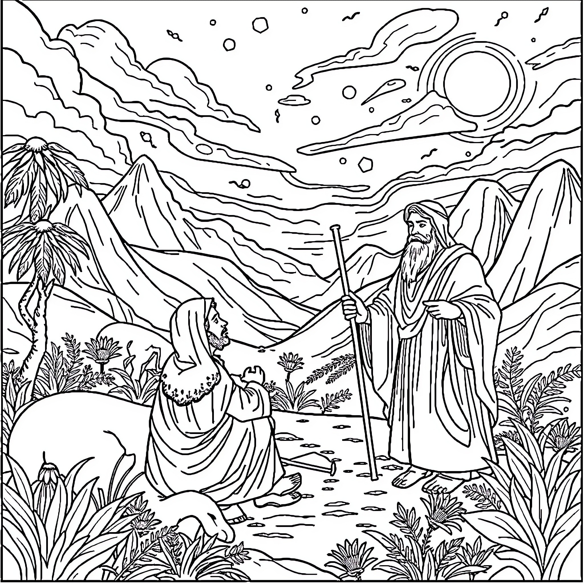 Bible Story of a Wise Teacher and a Kneeling Follower Coloring Page (free black-and-white line drawing printable PDF for all, from beginners to advanced learners, including children, teens, adults, and seniors)