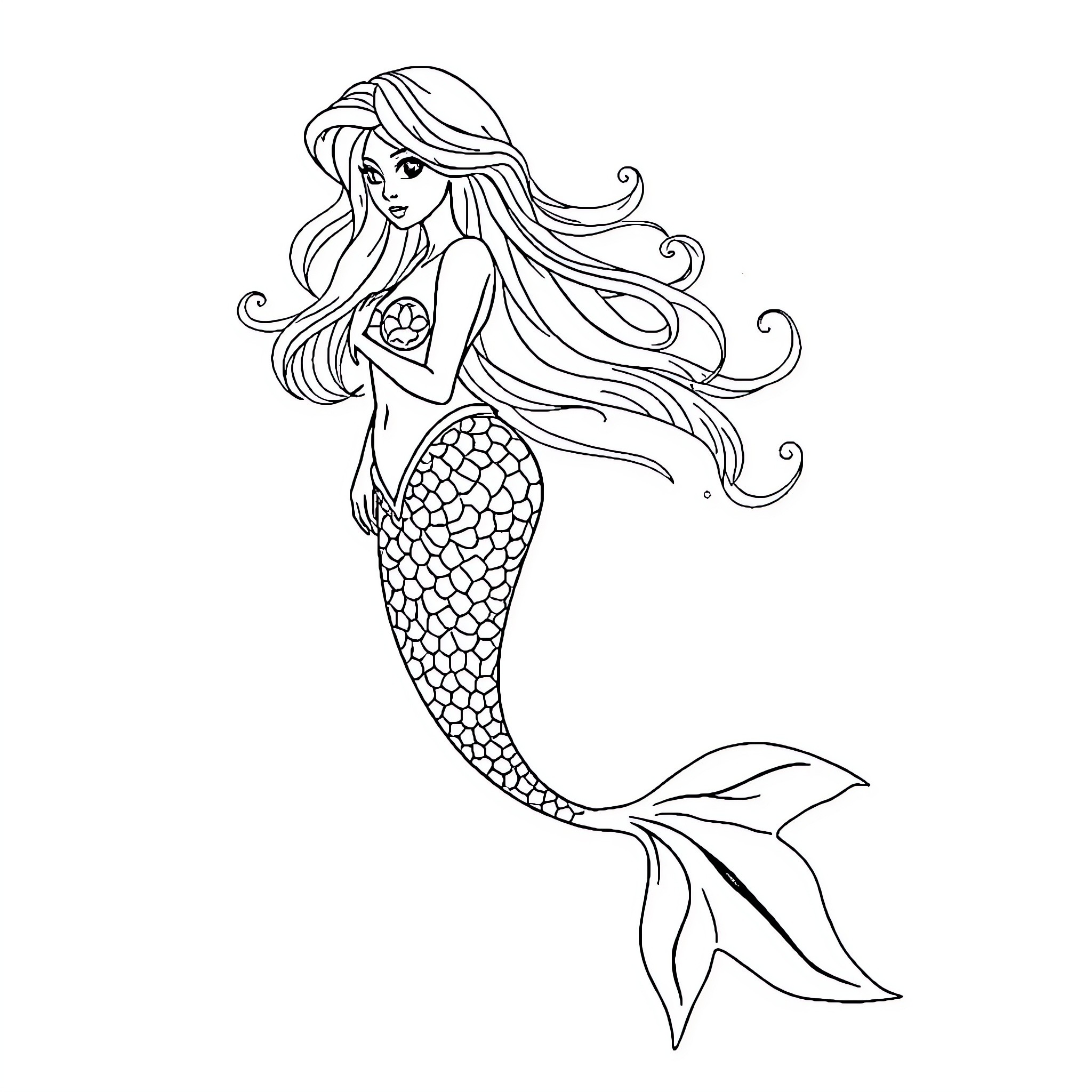 Mermaid with flowing hair and tail Coloring Page (free black-and-white line drawing printable PDF for all, from beginners to advanced learners, including children, teens, adults, and seniors)