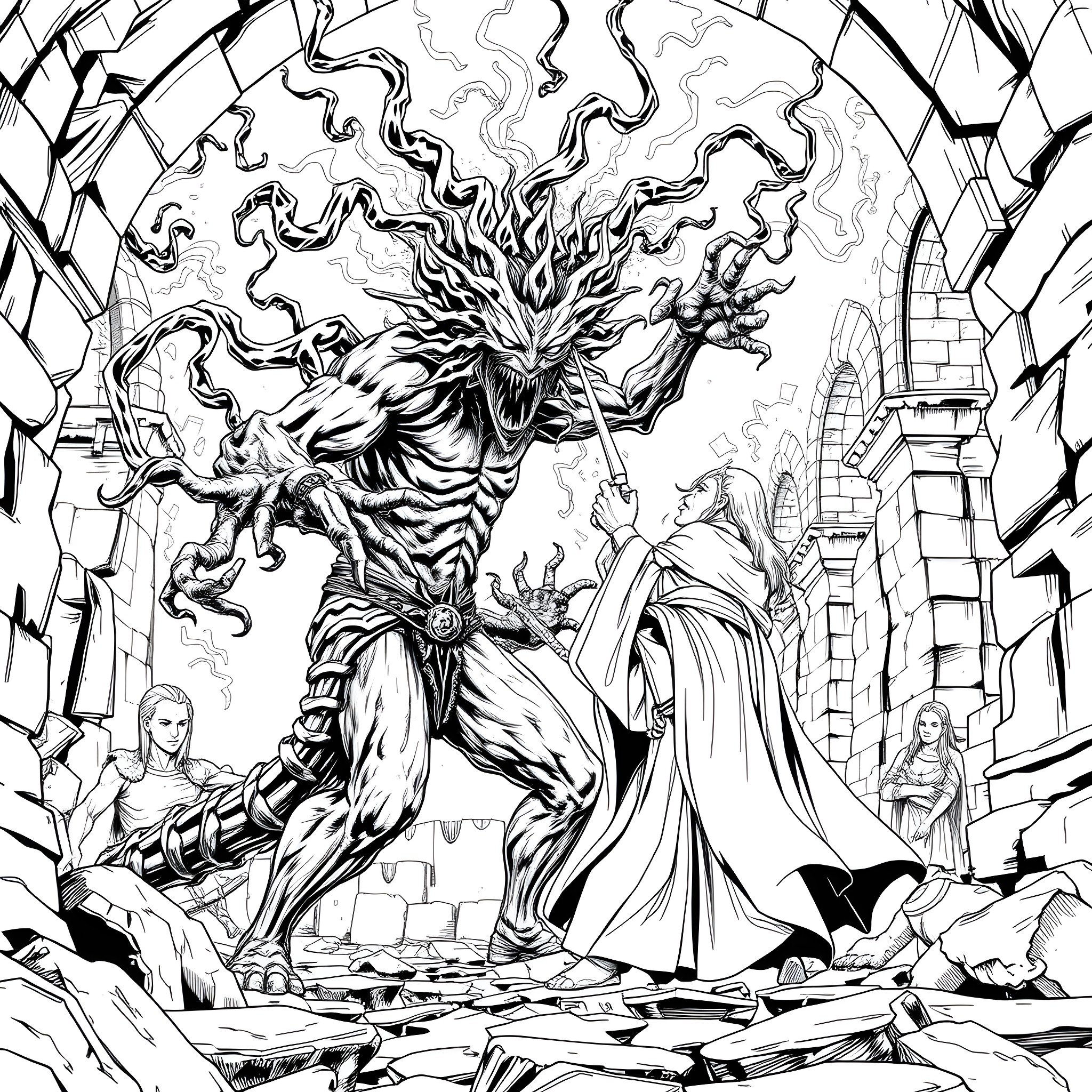 Carnage amidst chaos in the fantastical realm Coloring Page (free black-and-white line drawing printable PDF for all, from beginners to advanced learners, including children, teens, adults, and seniors)