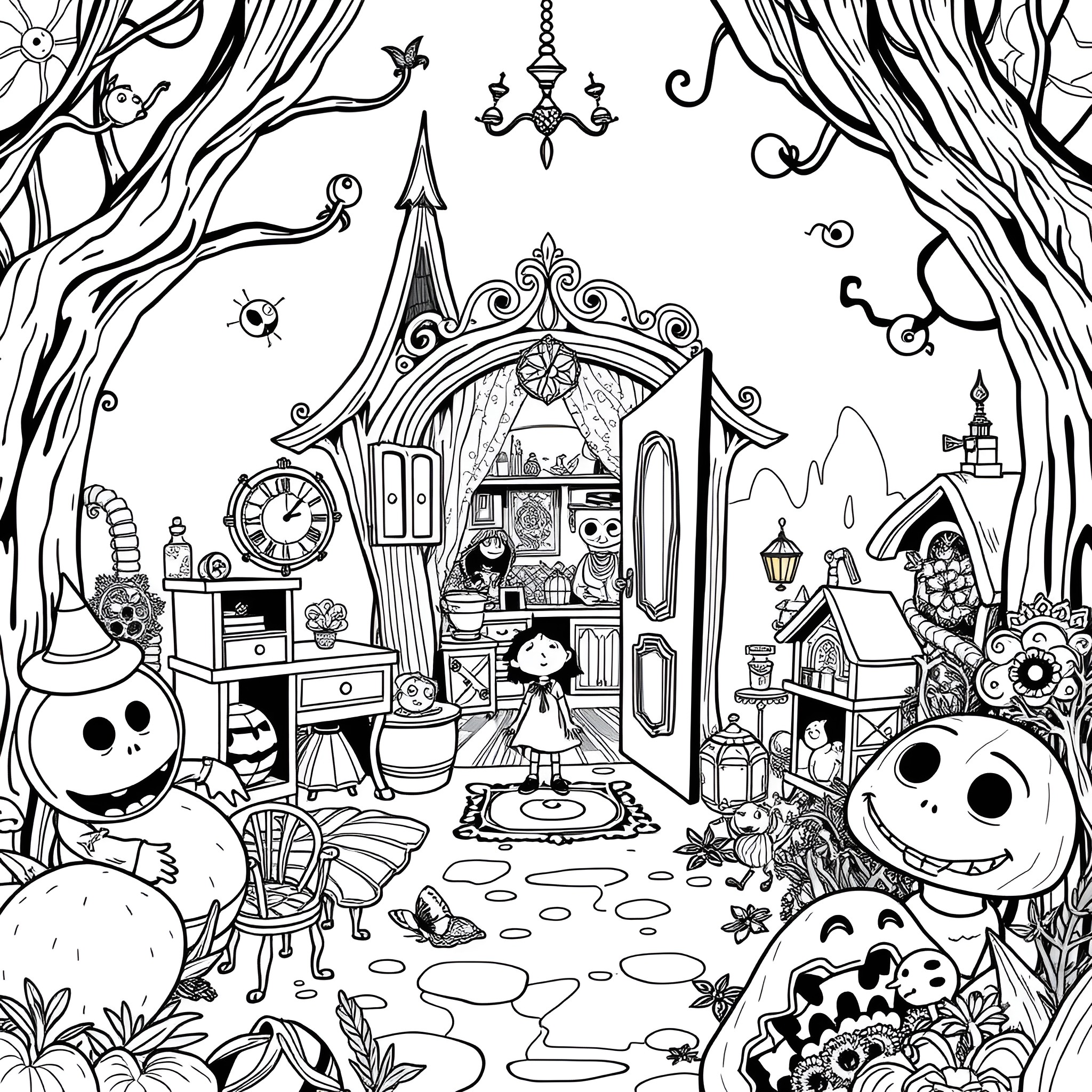 Coraline exploring the strange and whimsical Other World Coloring Page (free black-and-white line drawing printable PDF for all, from beginners to advanced learners, including children, teens, adults, and seniors)