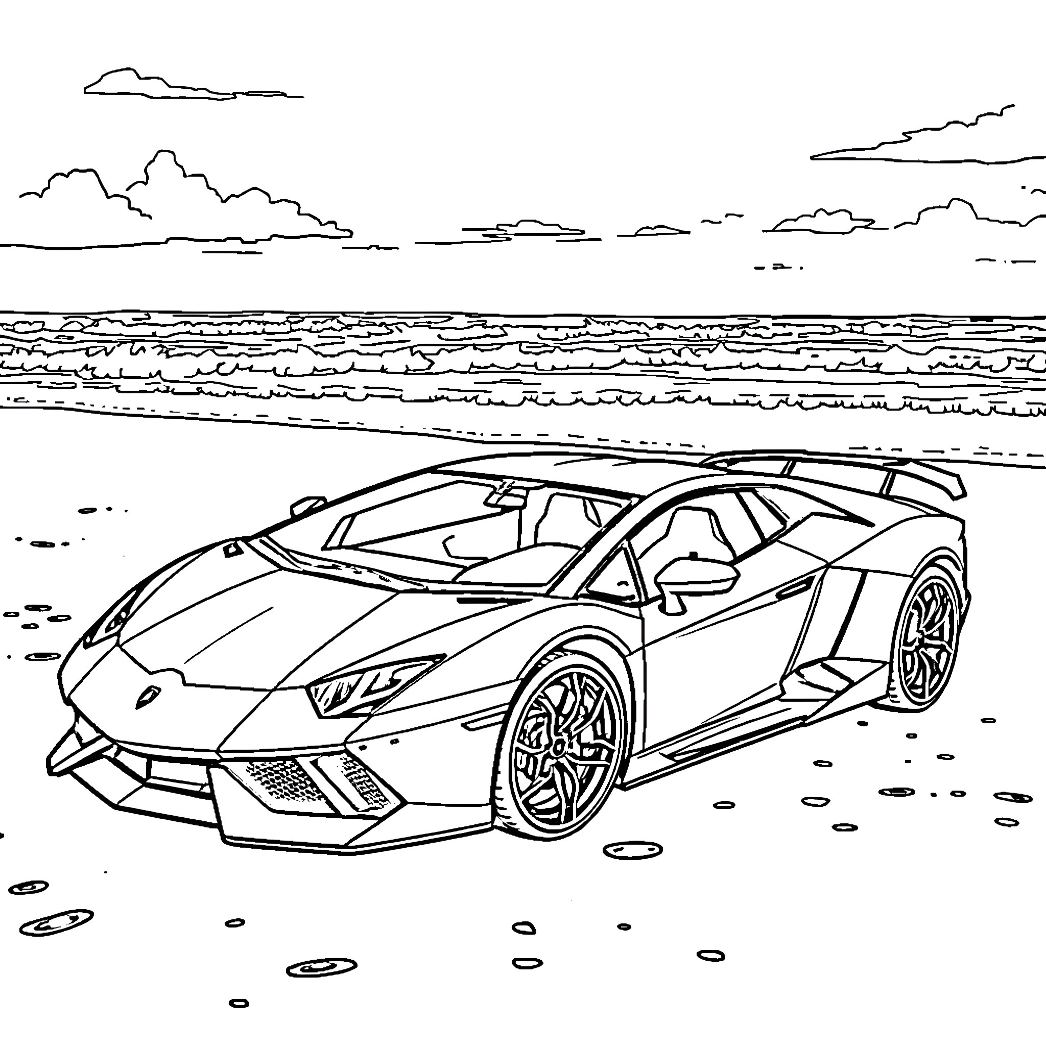 Lamborghini speeding through scenic coastal landscape Coloring Page (free black-and-white line drawing printable PDF for all, from beginners to advanced learners, including children, teens, adults, and seniors)