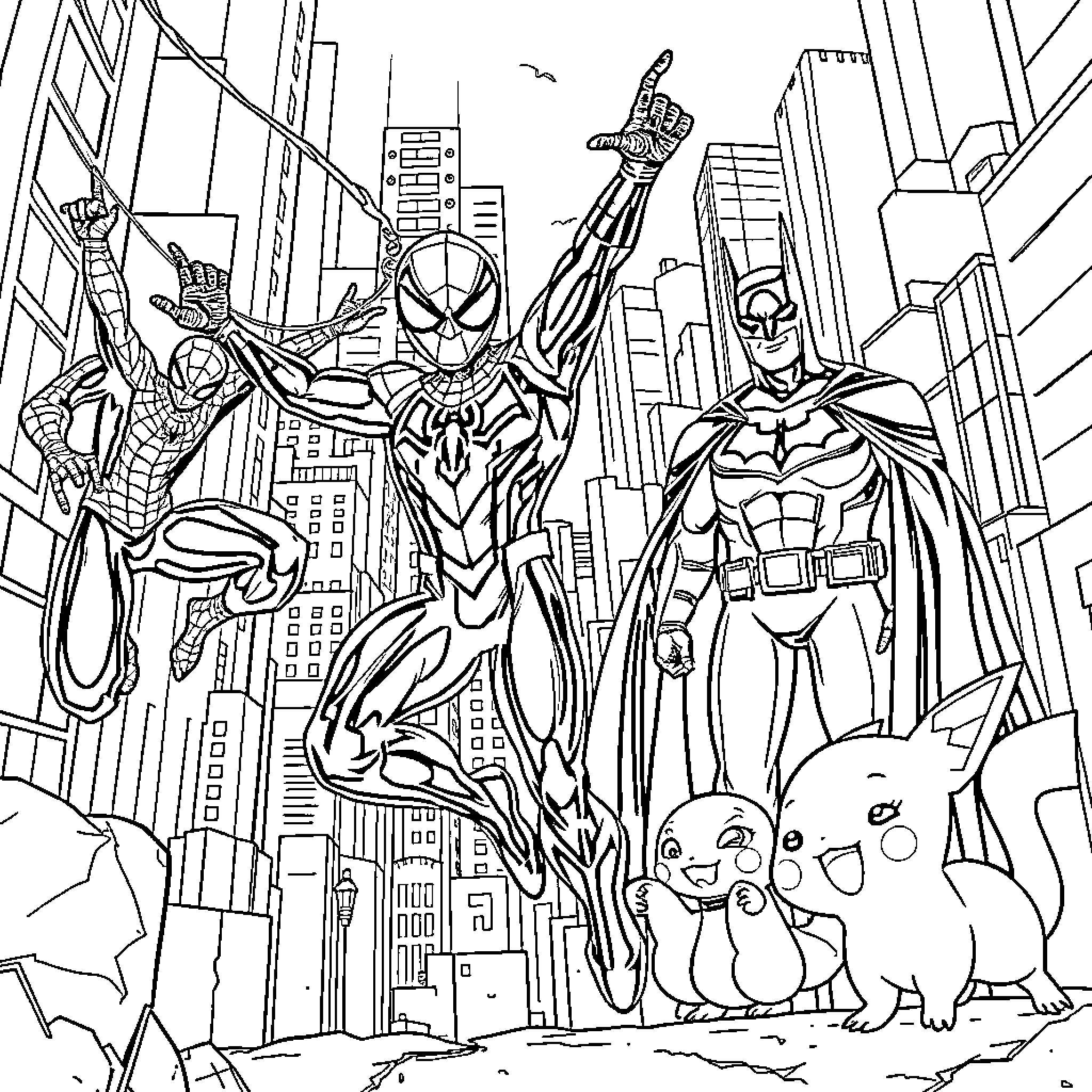 Superhero Ensemble in Iconic Urban Setting Coloring Page (free black-and-white line drawing printable PDF for all, from beginners to advanced learners, including children, teens, adults, and seniors)