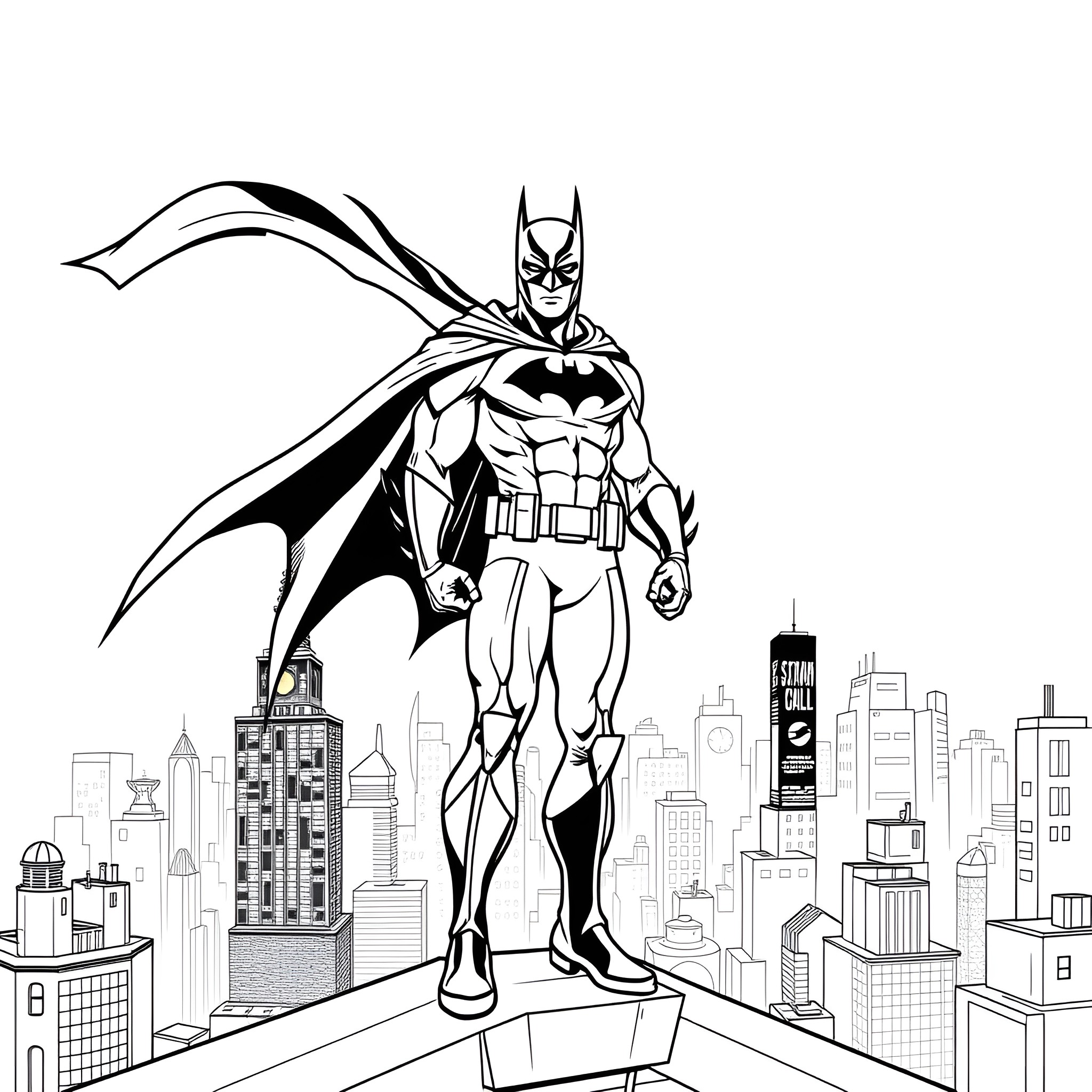 Batman Heroically Surveying the City Skyline Coloring Page (free black-and-white line drawing printable PDF for all, from beginners to advanced learners, including children, teens, adults, and seniors)