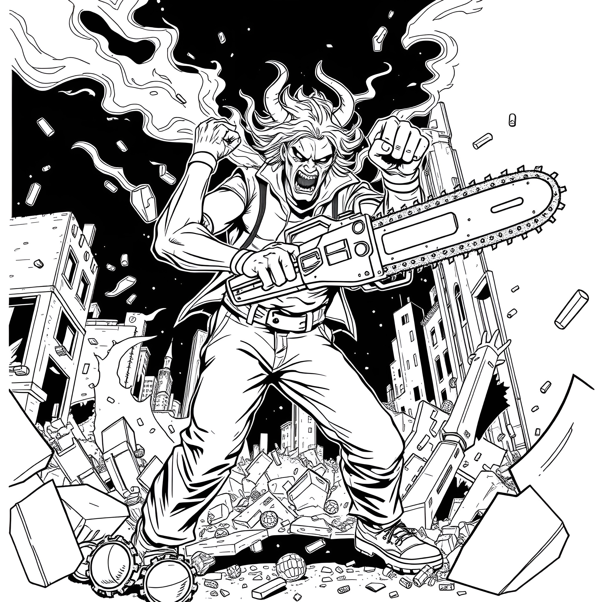 Chainsaw Man - Powerful Protagonist Rampaging Through the City Coloring Page (free black-and-white line drawing printable PDF for all, from beginners to advanced learners, including children, teens, adults, and seniors)