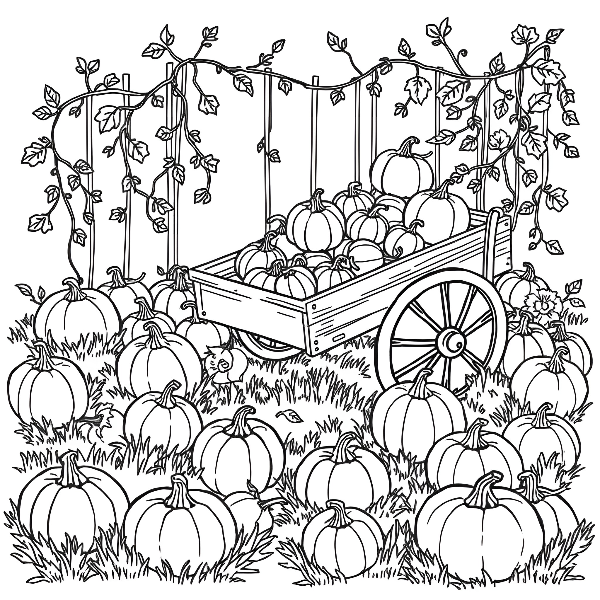 Pumpkin Patch with Wagon Full of Pumpkins Coloring Page (free black-and-white line drawing printable PDF for all, from beginners to advanced learners, including children, teens, adults, and seniors)