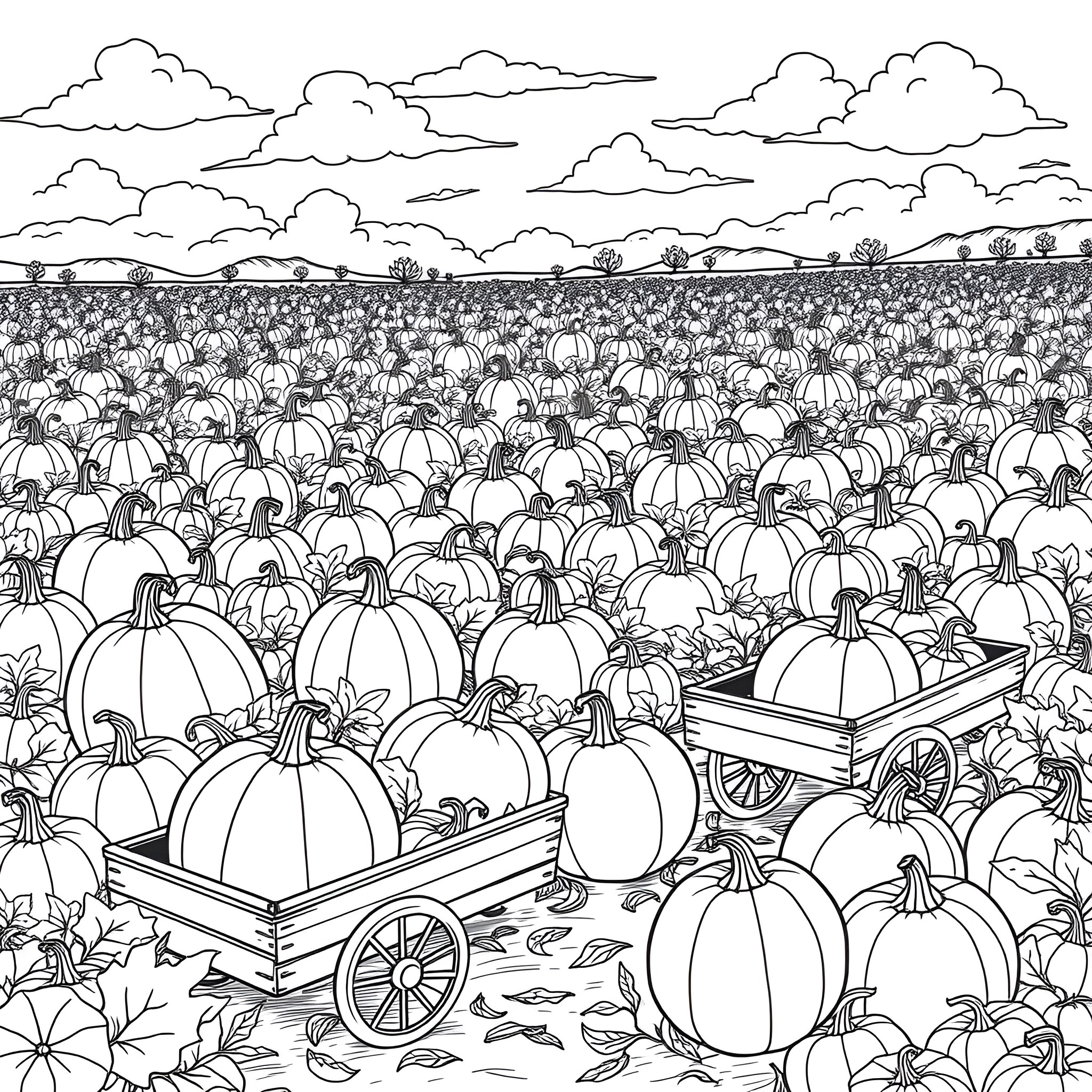 Giant Pumpkins in Autumn Harvest Field Coloring Page (free black-and-white line drawing printable PDF for all, from beginners to advanced learners, including children, teens, adults, and seniors)