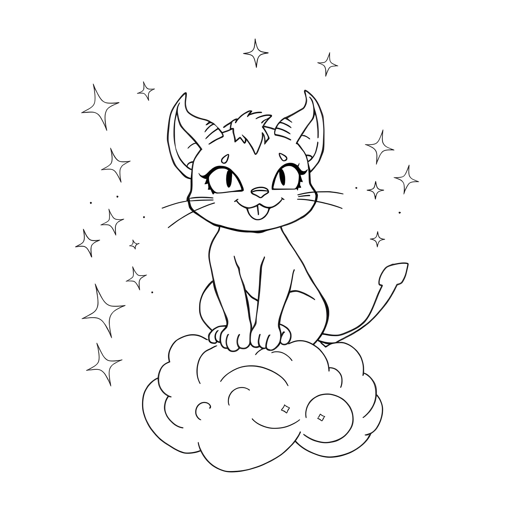 Demon Cat Sitting on Clouds with Sparkling Stars Coloring Page (free black-and-white line drawing printable PDF for all, from beginners to advanced learners, including children, teens, adults, and seniors)