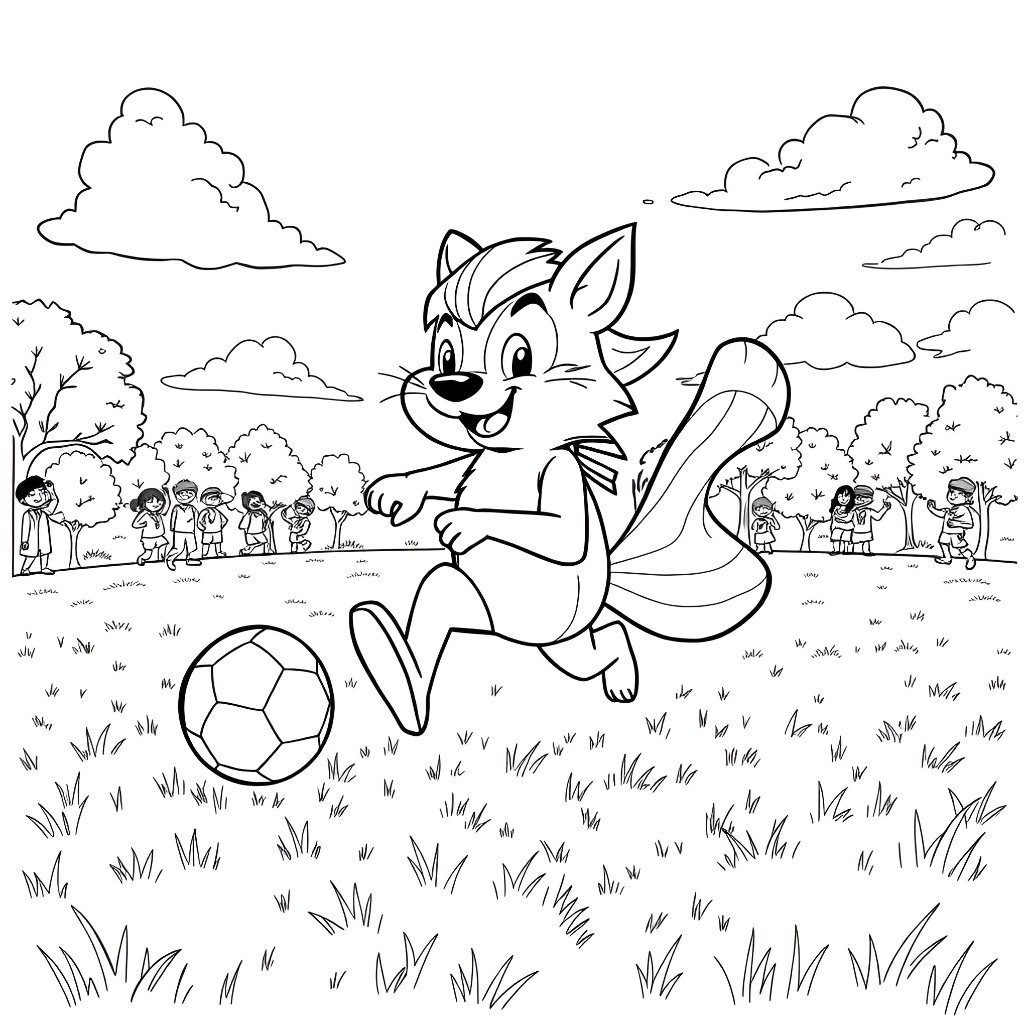 Glumanda playing with a soccer ball in the park Coloring Page (free black-and-white line drawing printable PDF for all, from beginners to advanced learners, including children, teens, adults, and seniors)