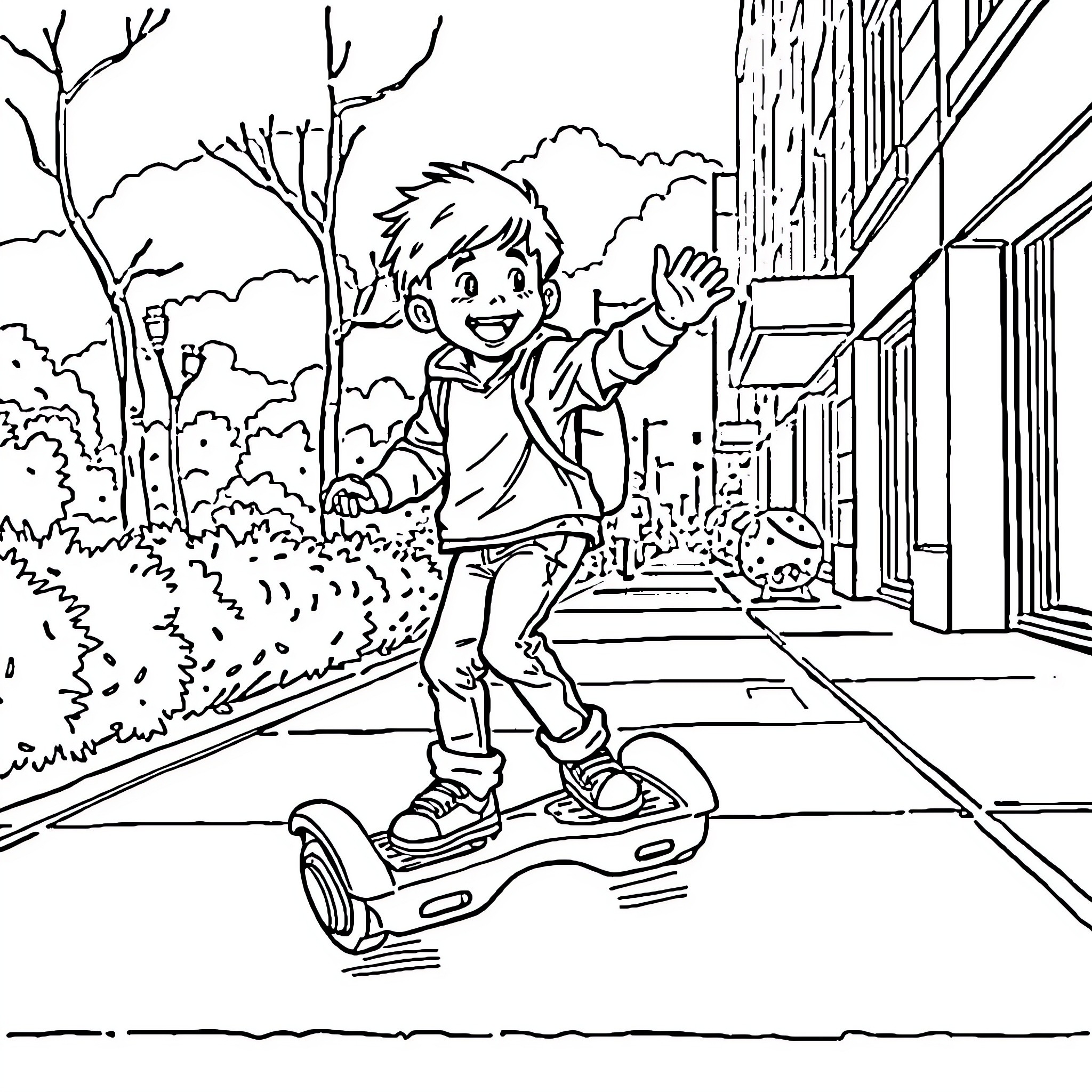 Boy enjoying a ride on a hoverboard in the city Coloring Page (free black-and-white line drawing printable PDF for all, from beginners to advanced learners, including children, teens, adults, and seniors)