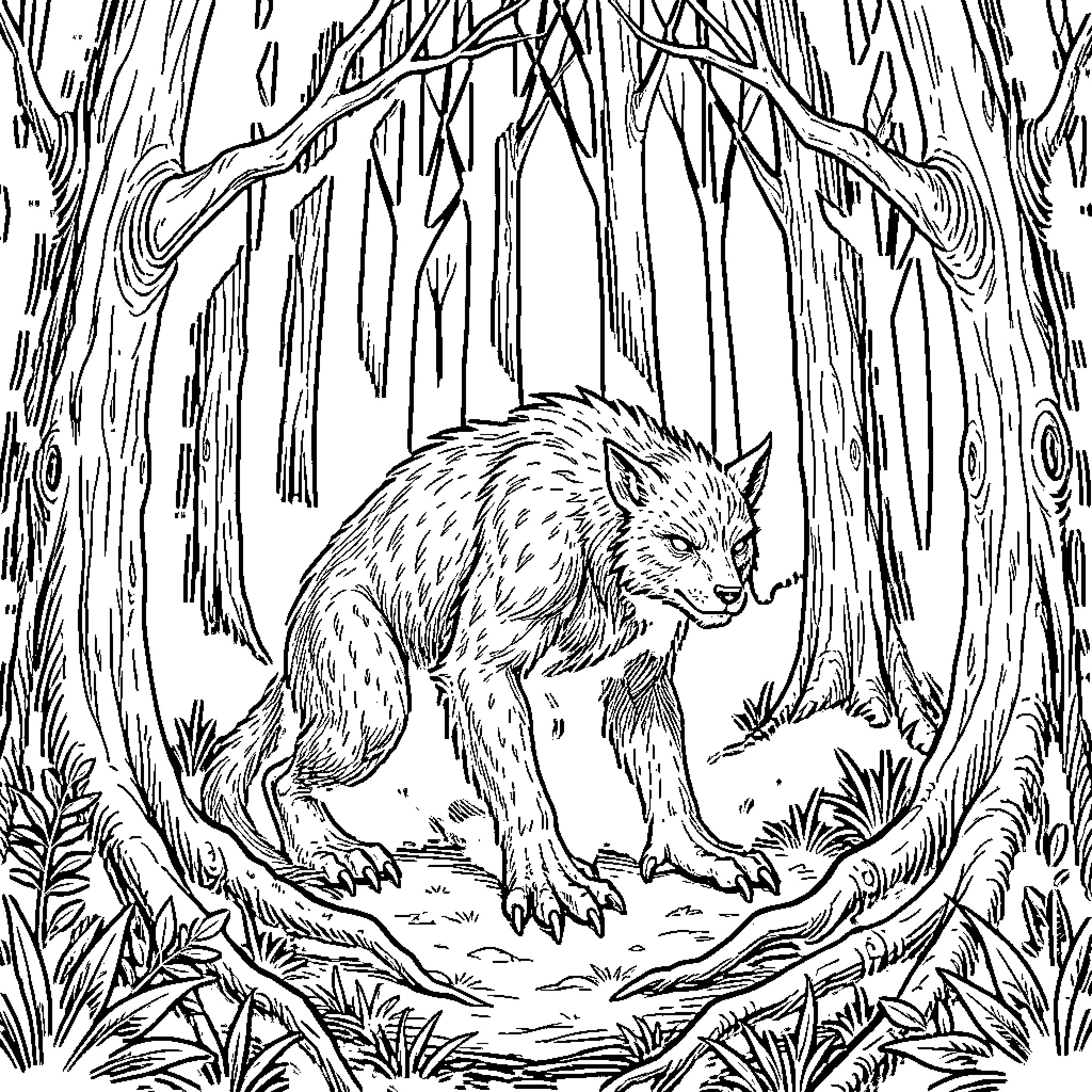 Cryptid wild beast stalking the forest Coloring Page (free black-and-white line drawing printable PDF for all, from beginners to advanced learners, including children, teens, adults, and seniors)
