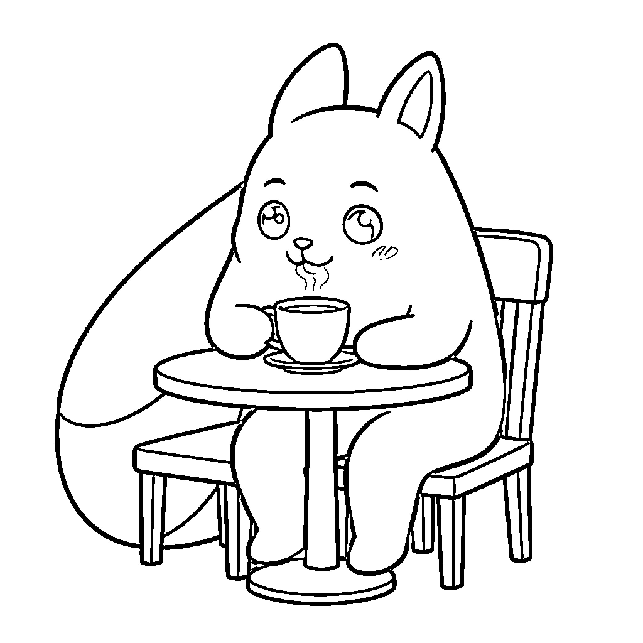 Pikachu sitting at a table drinking a warm beverage Coloring Page (free black-and-white line drawing printable PDF for all, from beginners to advanced learners, including children, teens, adults, and seniors)
