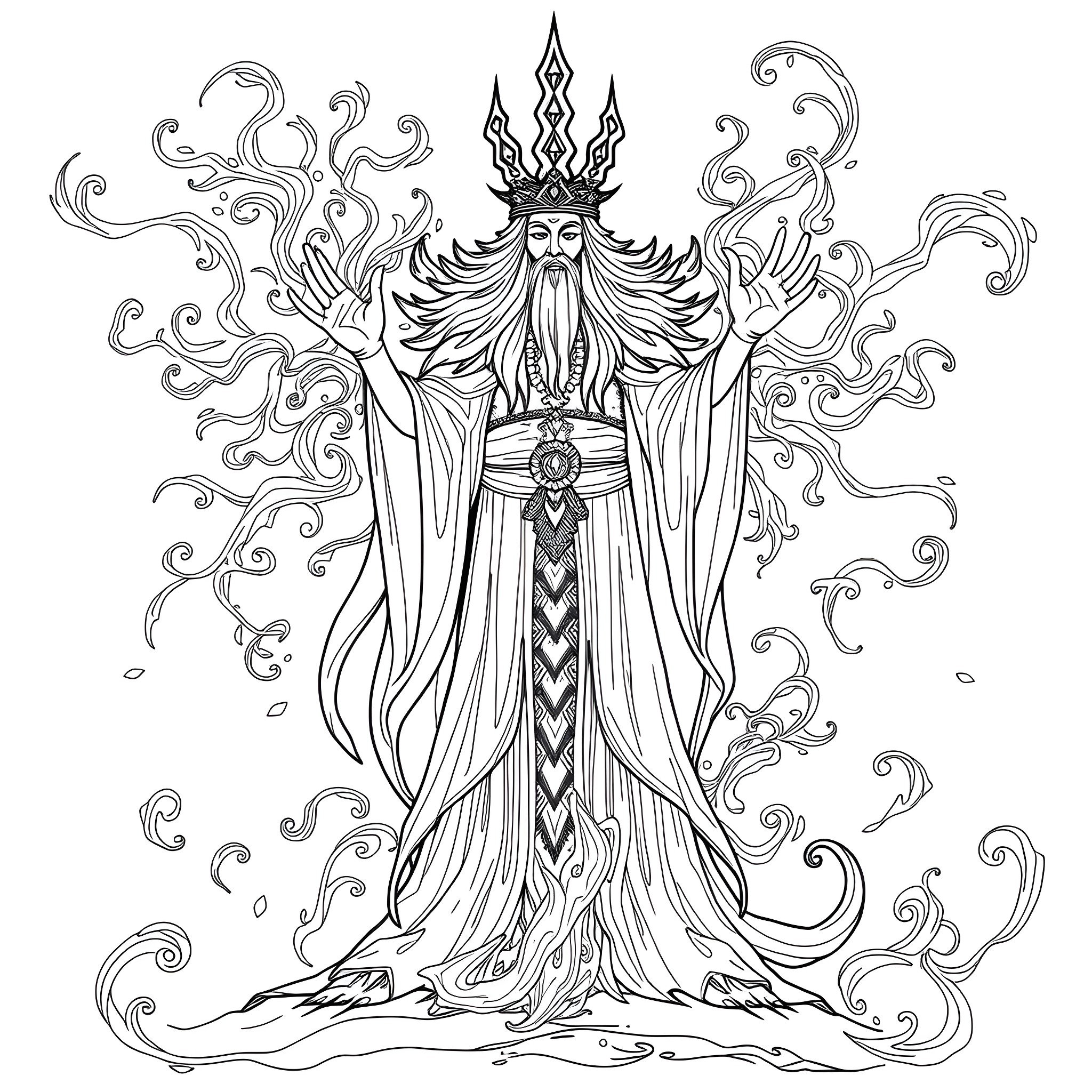 Spirit of Mystical Divinity Adorned in Ornate Robes Coloring Page (free black-and-white line drawing printable PDF for all, from beginners to advanced learners, including children, teens, adults, and seniors)