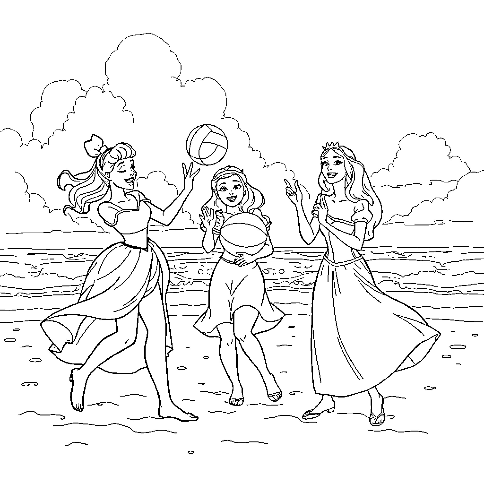 Princess Enjoys Beach Time with Friends Coloring Page (free black-and-white line drawing printable PDF for all, from beginners to advanced learners, including children, teens, adults, and seniors)