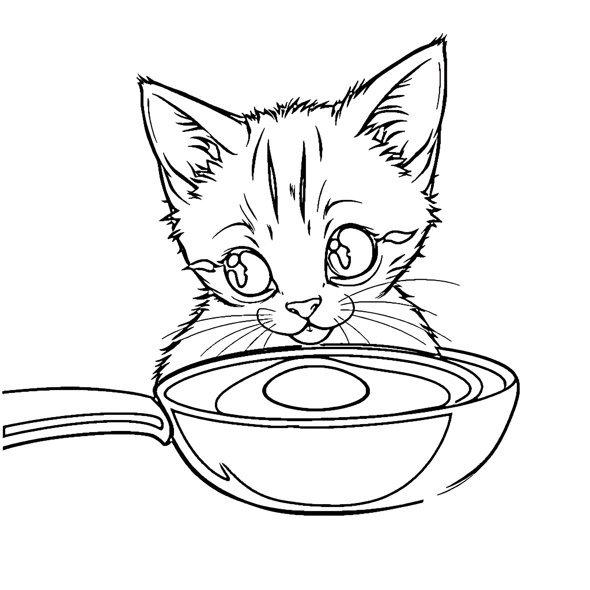 Cat gazing curiously at food bowl Coloring Page (free black-and-white line drawing printable PDF for all, from beginners to advanced learners, including children, teens, adults, and seniors)