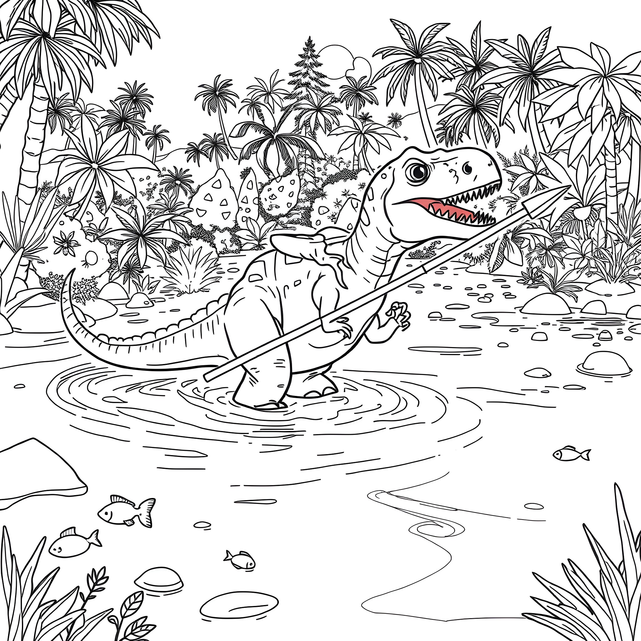 Dinosaur frolicking in tropical jungle Coloring Page (free black-and-white line drawing printable PDF for all, from beginners to advanced learners, including children, teens, adults, and seniors)