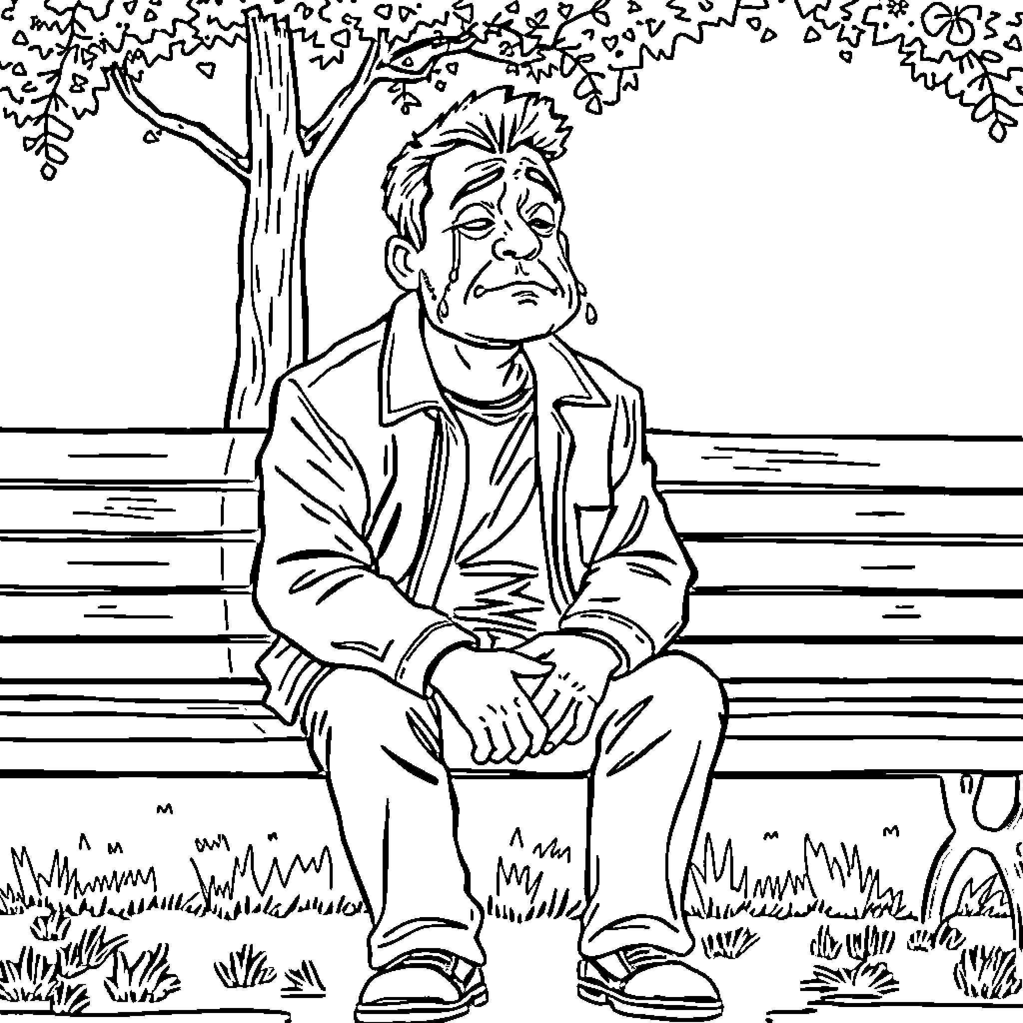Carlos reflects on life while sitting on a park bench Coloring Page (free black-and-white line drawing printable PDF for all, from beginners to advanced learners, including children, teens, adults, and seniors)