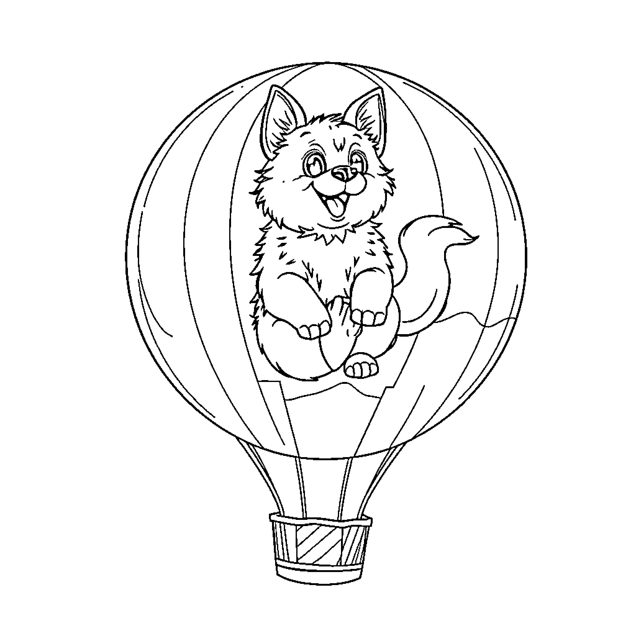 Perro riding happily in hot air balloon Coloring Page (free black-and-white line drawing printable PDF for all, from beginners to advanced learners, including children, teens, adults, and seniors)