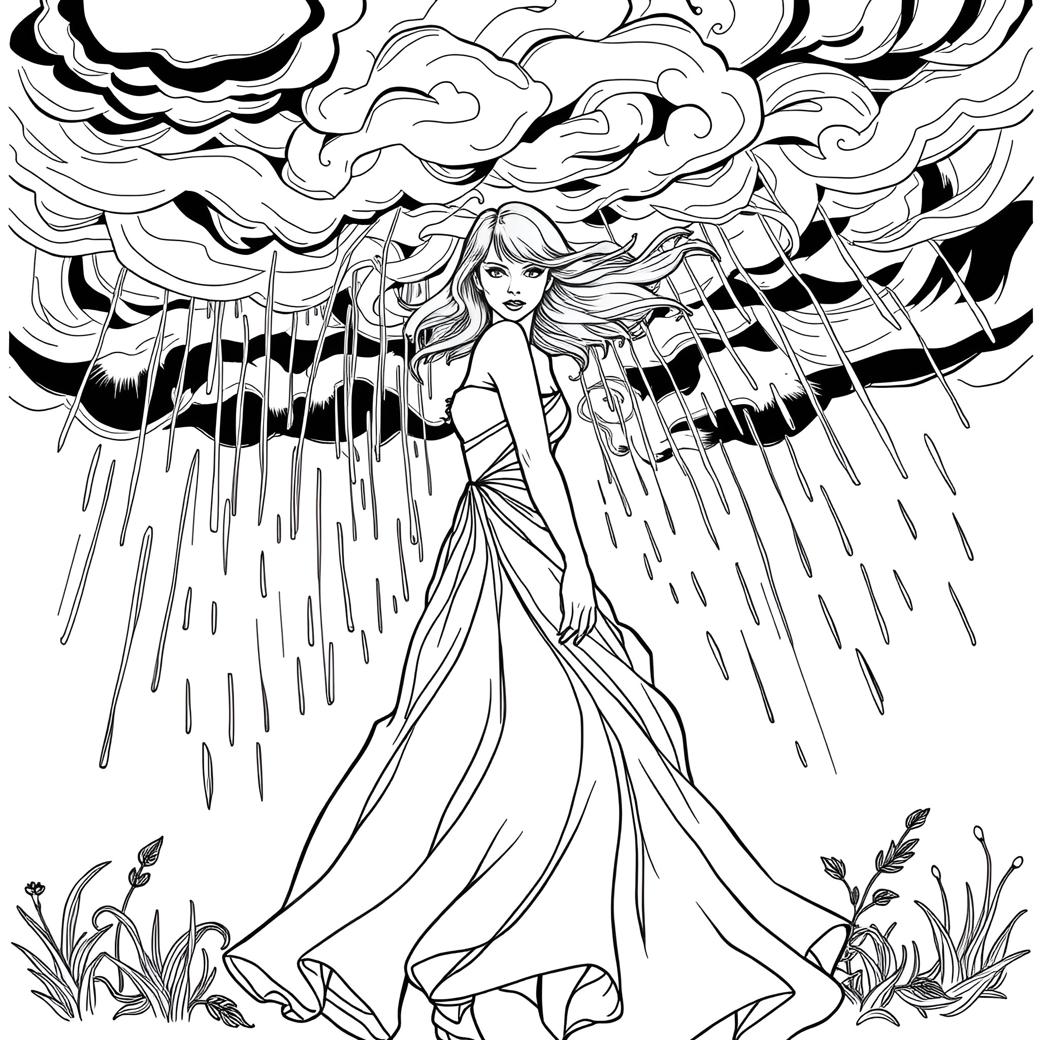 Taylor Swift standing amidst swirling storm clouds Coloring Page (free black-and-white line drawing printable PDF for all, from beginners to advanced learners, including children, teens, adults, and seniors)
